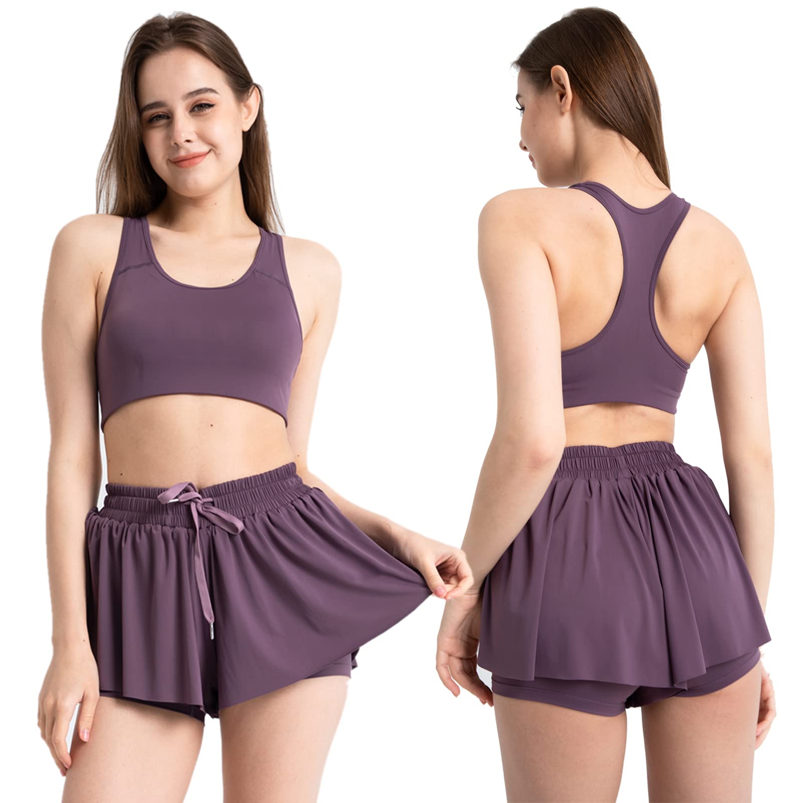 Blostirno 2023 Women's 2-in-1 Running Shorts with Built-in Skirt - High Waist Yoga Workout Athletic Shorts with Drawstring & Pockets for Gym, Jogging, and Summer Outdoor Activities