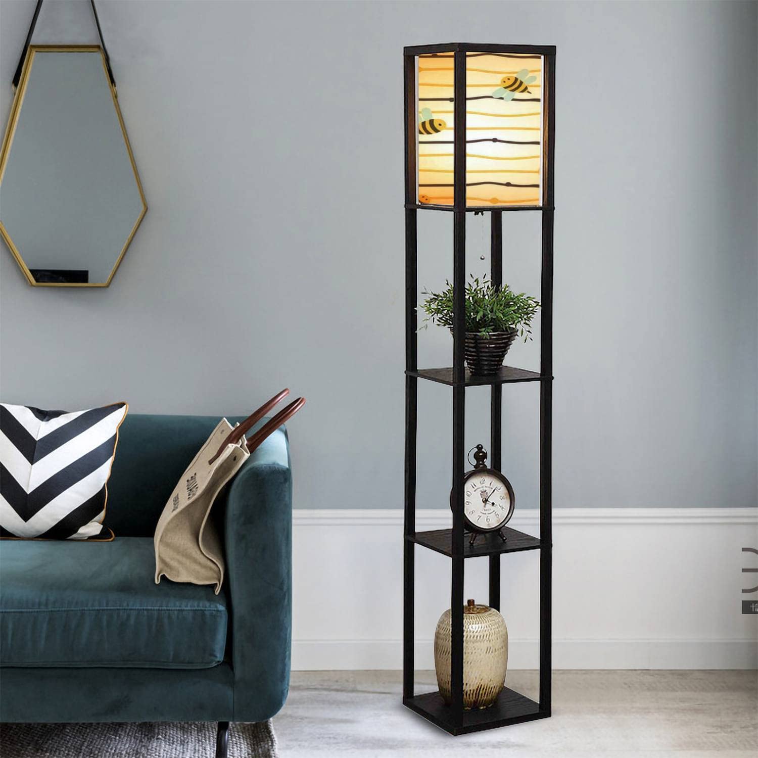 **Honey Bee Kids Seamless Cute Bumblebee & Stripes Cartoon Standing Lamp with Shelves - Flaxen Fabric Shade Floor Lamp for Living Room, Bedroom, Nursery - Tall Corner & Bedside Aesthetic Decor Lighting**    *(Use: Perfect for kids' rooms, cozy reading nooks, or as a stylish accent light in living spaces.)*