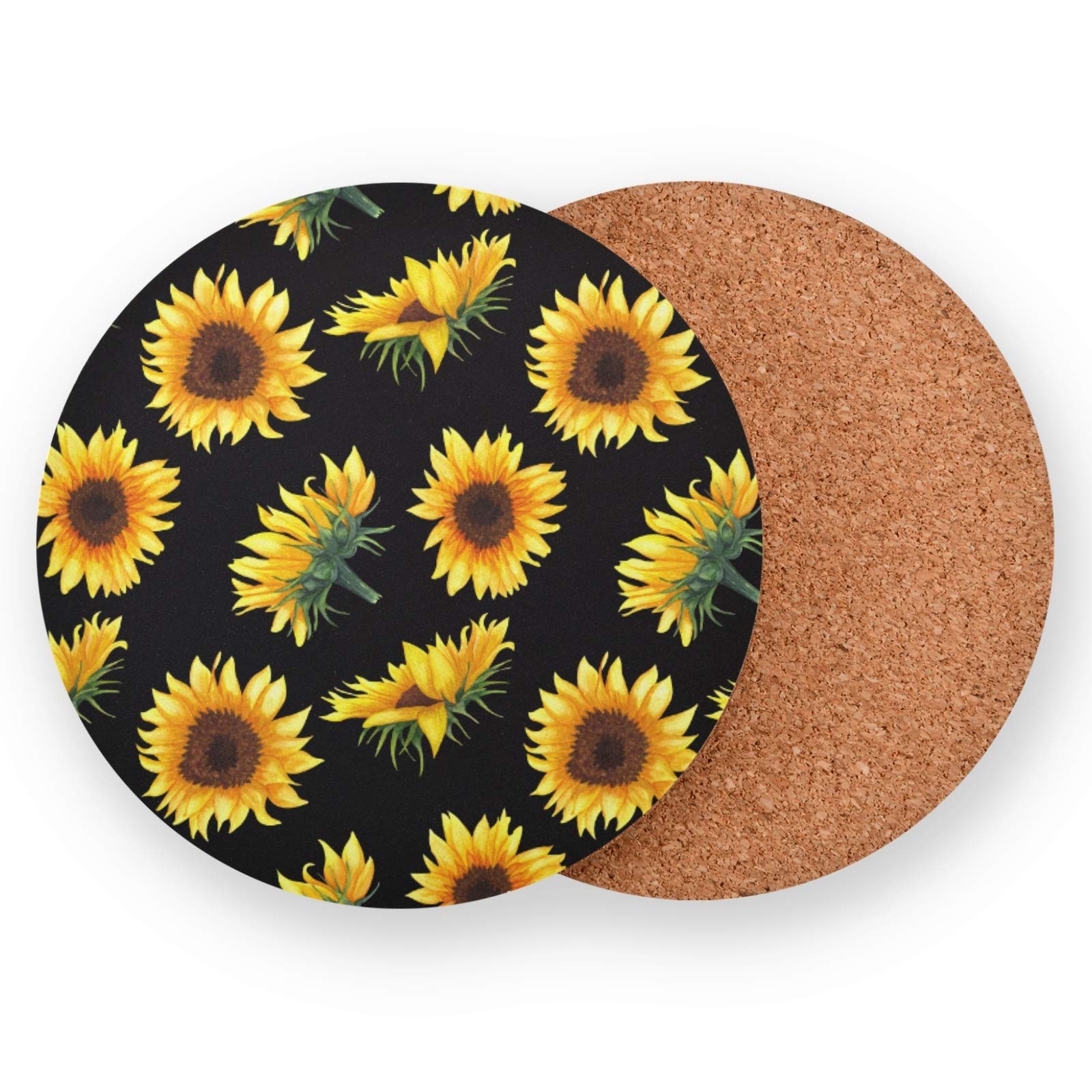Absorbent Drink Coasters Set of 4 - Wooden & Cork Base with Sunflower Design for Mugs, Cups - Perfect for Office Desk, Coffee Table, and Home Decor