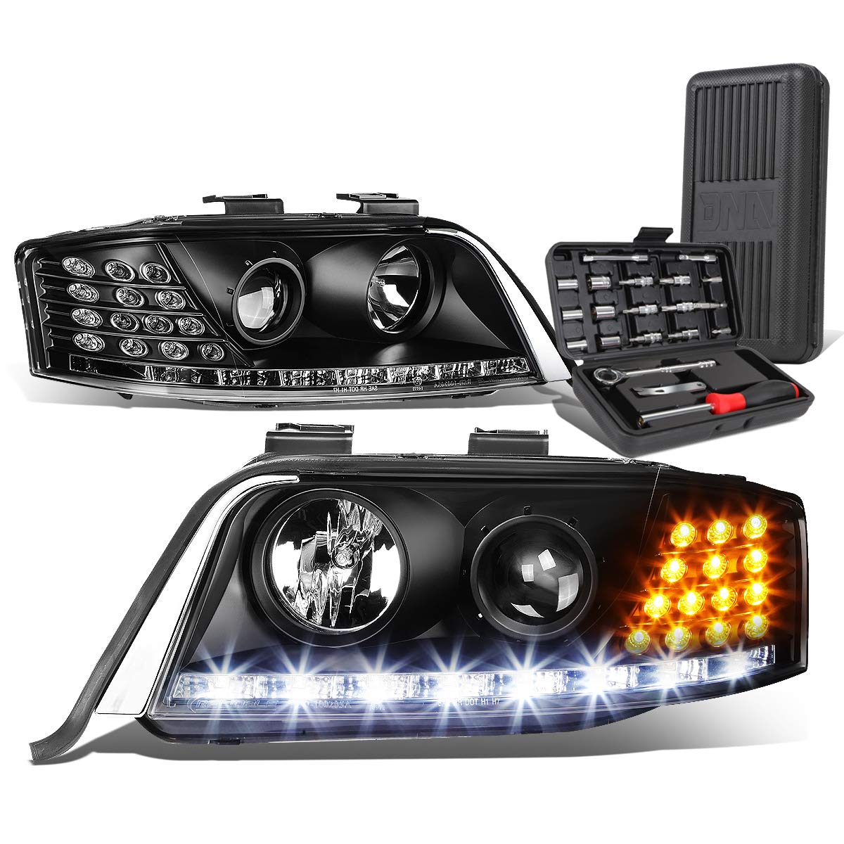 Auto Dynasty LED DRL Signal Projector Black Headlight Lamps with Tool Kit - Compatible with Audi A6/A6 Quattro C5 1998-2001 Models | Upgrade for Enhanced Visibility & Style | Perfect for Night Driving & Car Customization