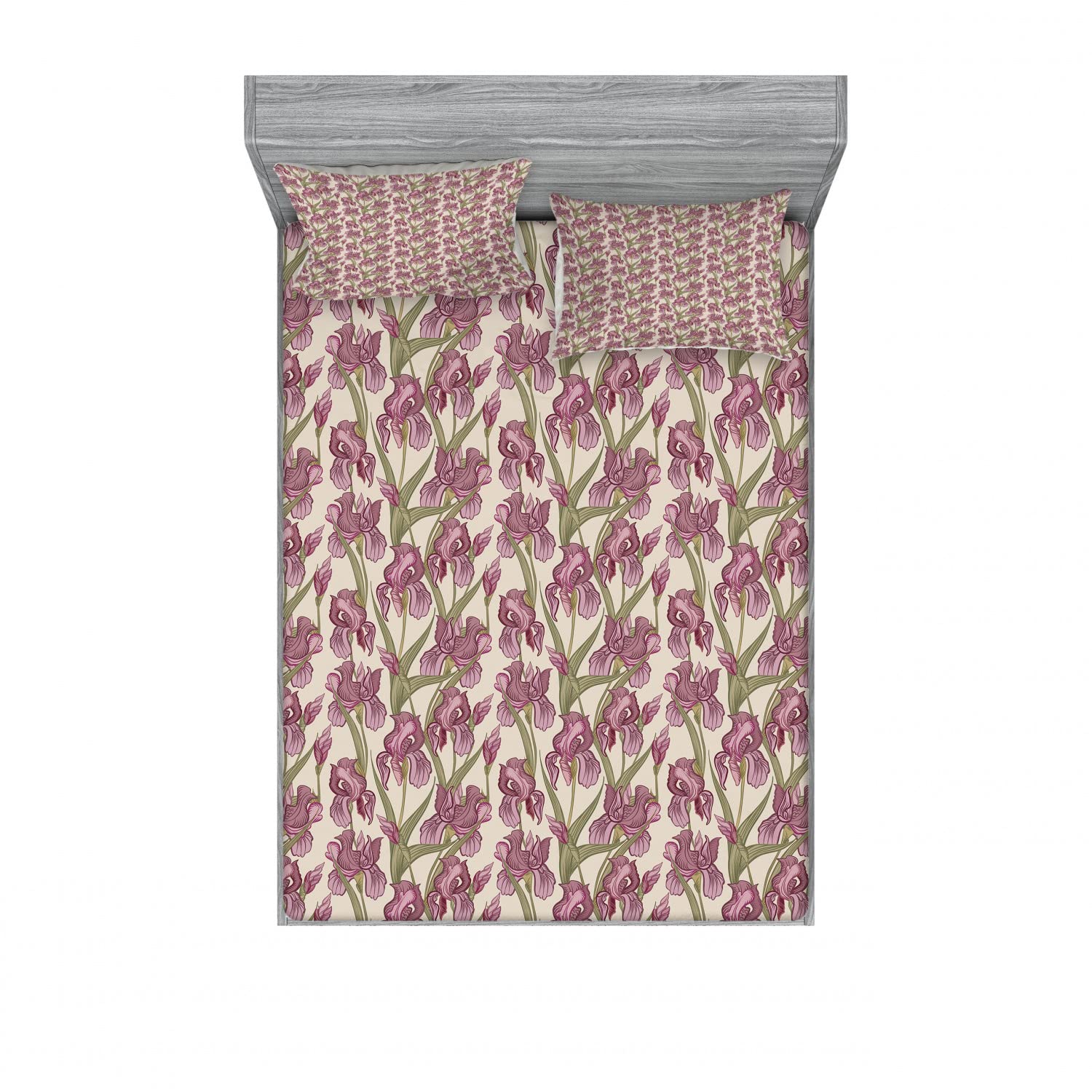 Ambesonne 2-Pack Full Size Fitted Sheet & Pillow Sham Set with Blossoming Floral Pattern - 4 Piece Bedding Set Includes 2 Fitted Sheets & 4 Pillowcases in Pale Green Dried Rose - Perfect for Spring Bedroom Decor, Guest Room Makeover & Cozy Home Styling