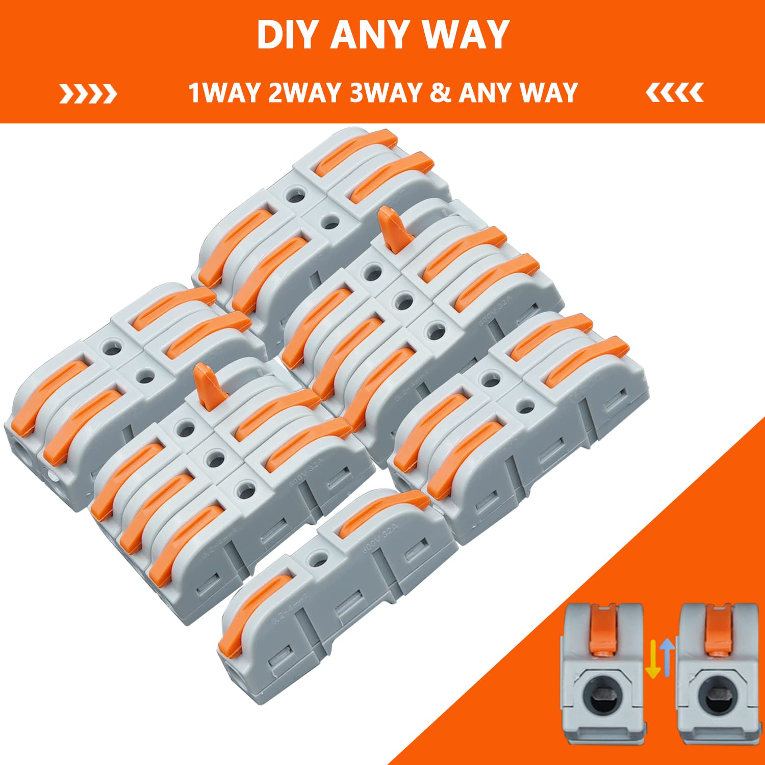 50 Pcs 1 to 1 Inline Electrical Lever Wire Connectors - Quick Push-in Cable Splicing Connectors for 28-12 AWG Wires (Grey Orange) - Ideal for Home Wiring, Electrical Repairs, and DIY Projects