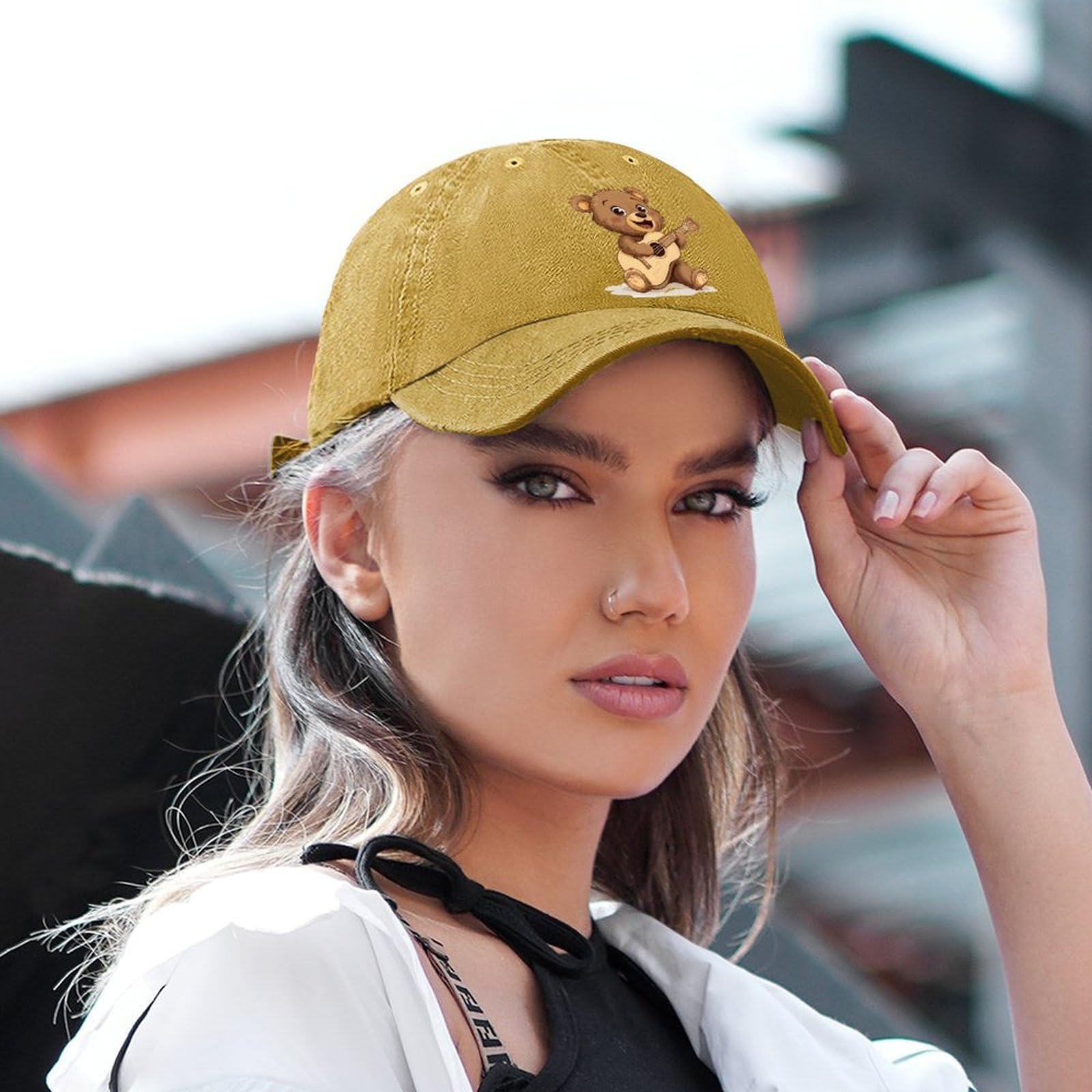 Vintage Denim Trucker Hat with Cute Bear Ukulele Design - Baseball Cap for Men & Women - Perfect for Golf, Gaming, and Casual Wear