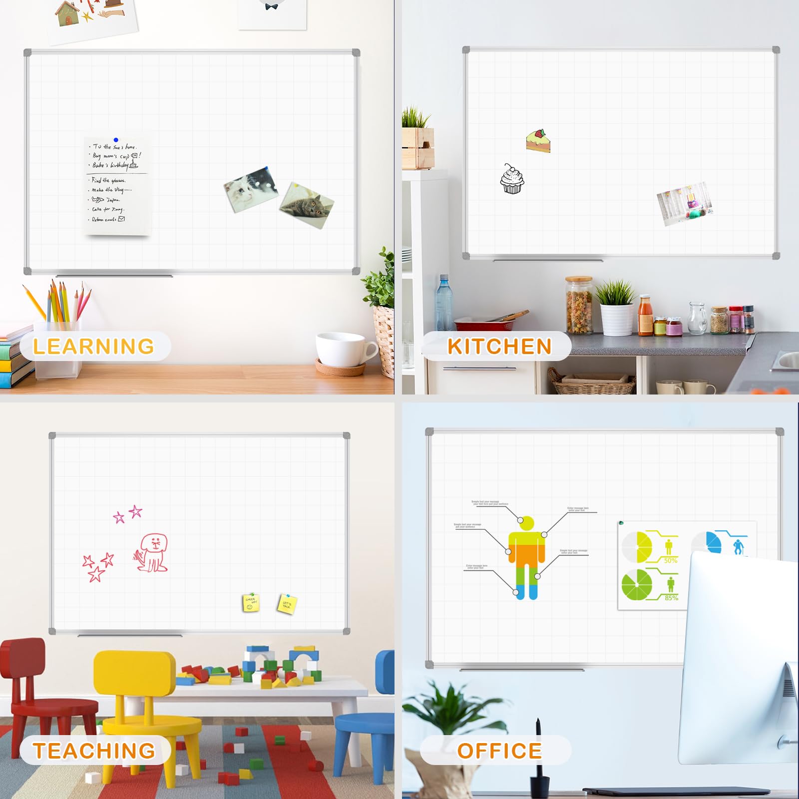 JILoffice 48x36 Inch Magnetic Dry Erase Whiteboard with Grid Pattern - Silver Aluminum Frame & Detachable Marker Tray - Perfect for Office, Classroom, Home Office & Meeting Room Organization