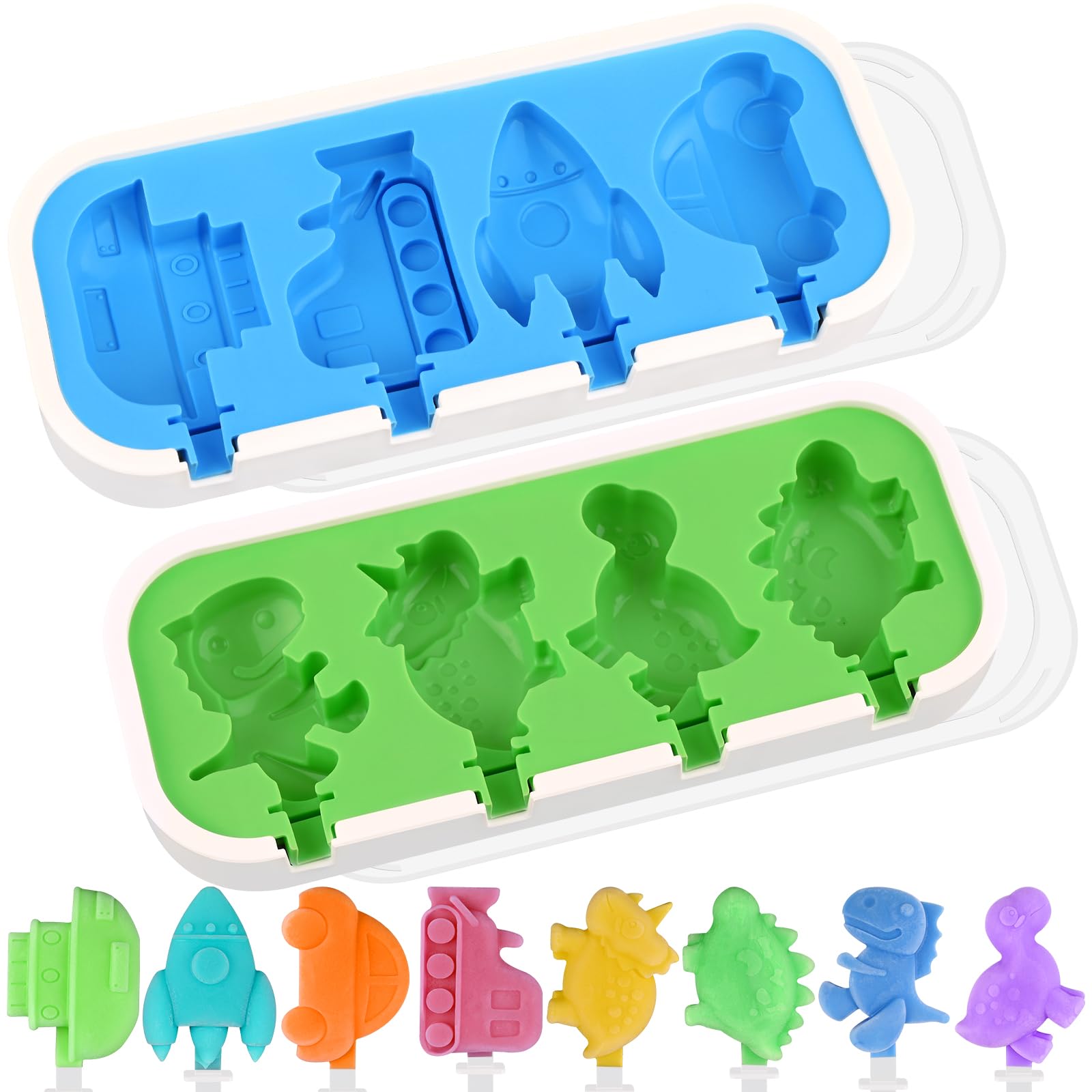 Sakolla 2 Pack Silicone Popsicle Molds with Lid - 4-Cavity Mini Ice Pop Molds for Kids in Fun Car, Ship, Train, Rocket & Dinosaur Shapes (Green & Blue) - Perfect for Summer Treats, Birthday Parties & DIY Frozen Snacks