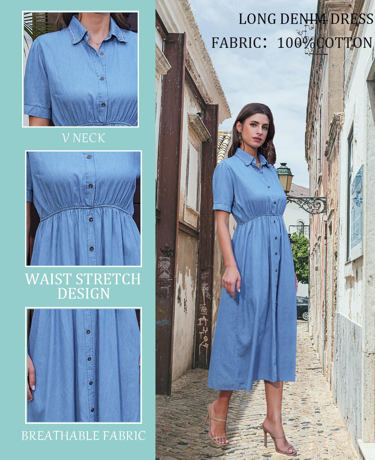 Women's Cotton Denim Maxi Dress - Casual Summer Sundress for Beach, Vacation & Everyday Wear