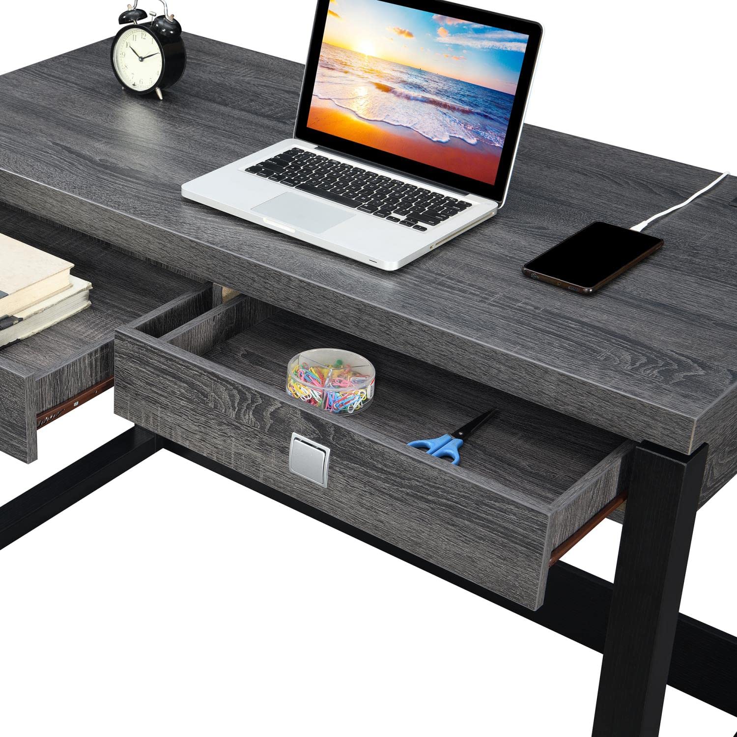 Convenience Concepts Newport 2-Drawer Office Desk with USB Charging Station - Weathered Gray/Black Finish - Perfect for Home Office, Study Room & Small Workspace Organization