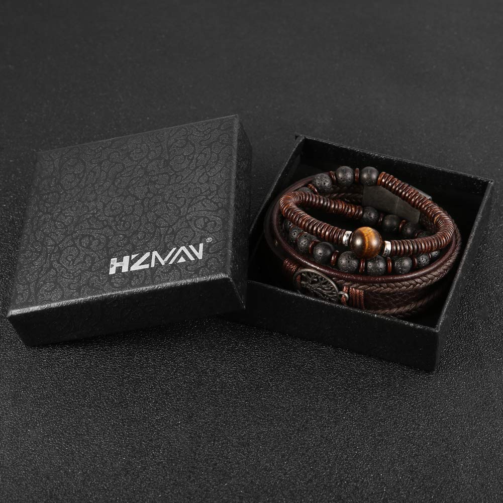 Genuine Leather Tree of Life Bracelet for Men & Women - Tiger Eye Natural Stone & Lava Rock Beads, Elastic Ethnic Tribal Wristband - Perfect for Yoga, Meditation, Boho Fashion & Spiritual Gifts