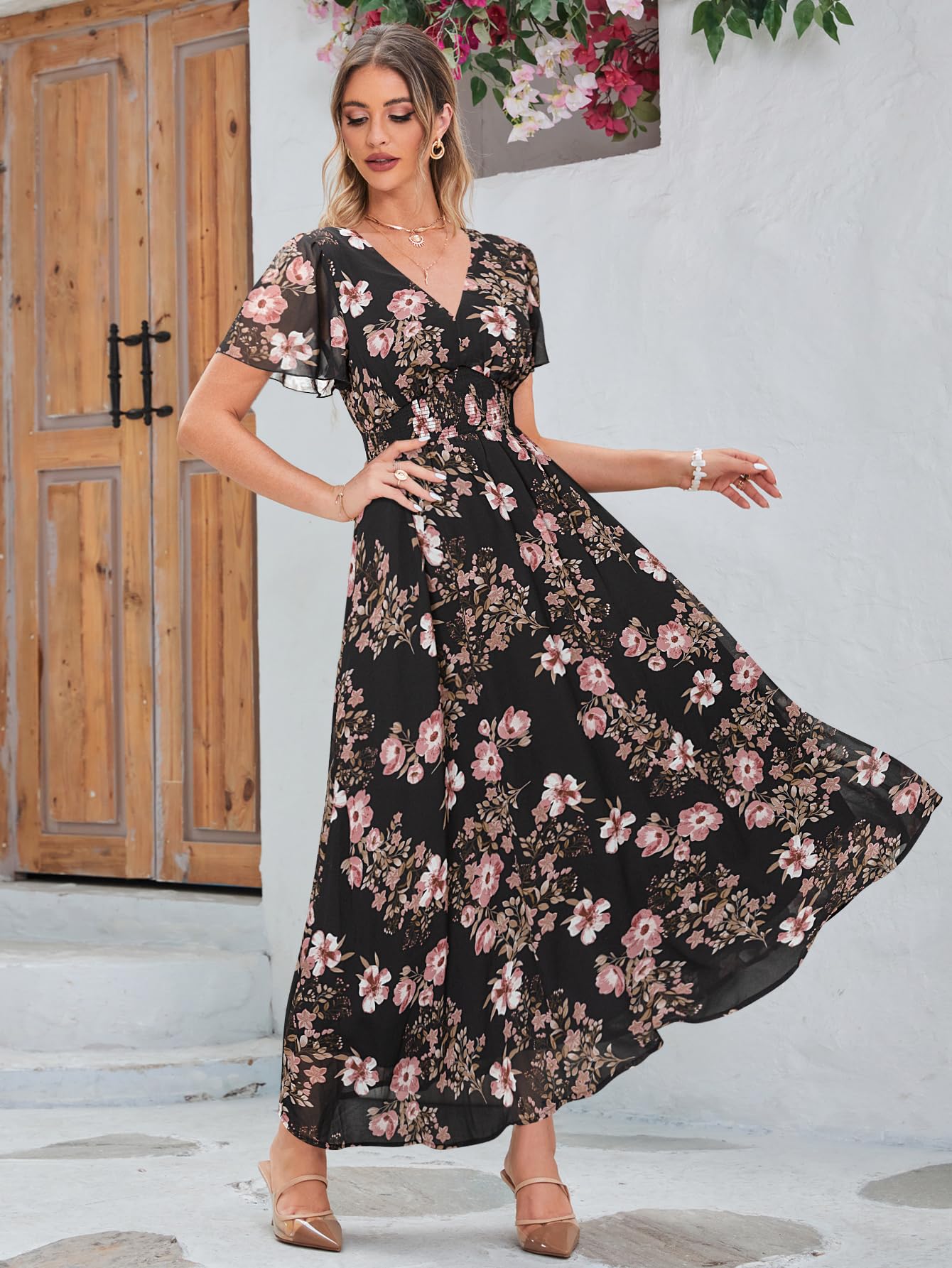Simplee Women's Boho Floral Maxi Dress - Flowy Casual V-Neck Short Sleeve Summer Dress for Wedding Guest, Holiday, Beach & Vacation | Perfect for Outdoor Parties, Date Nights & Tropical Getaways