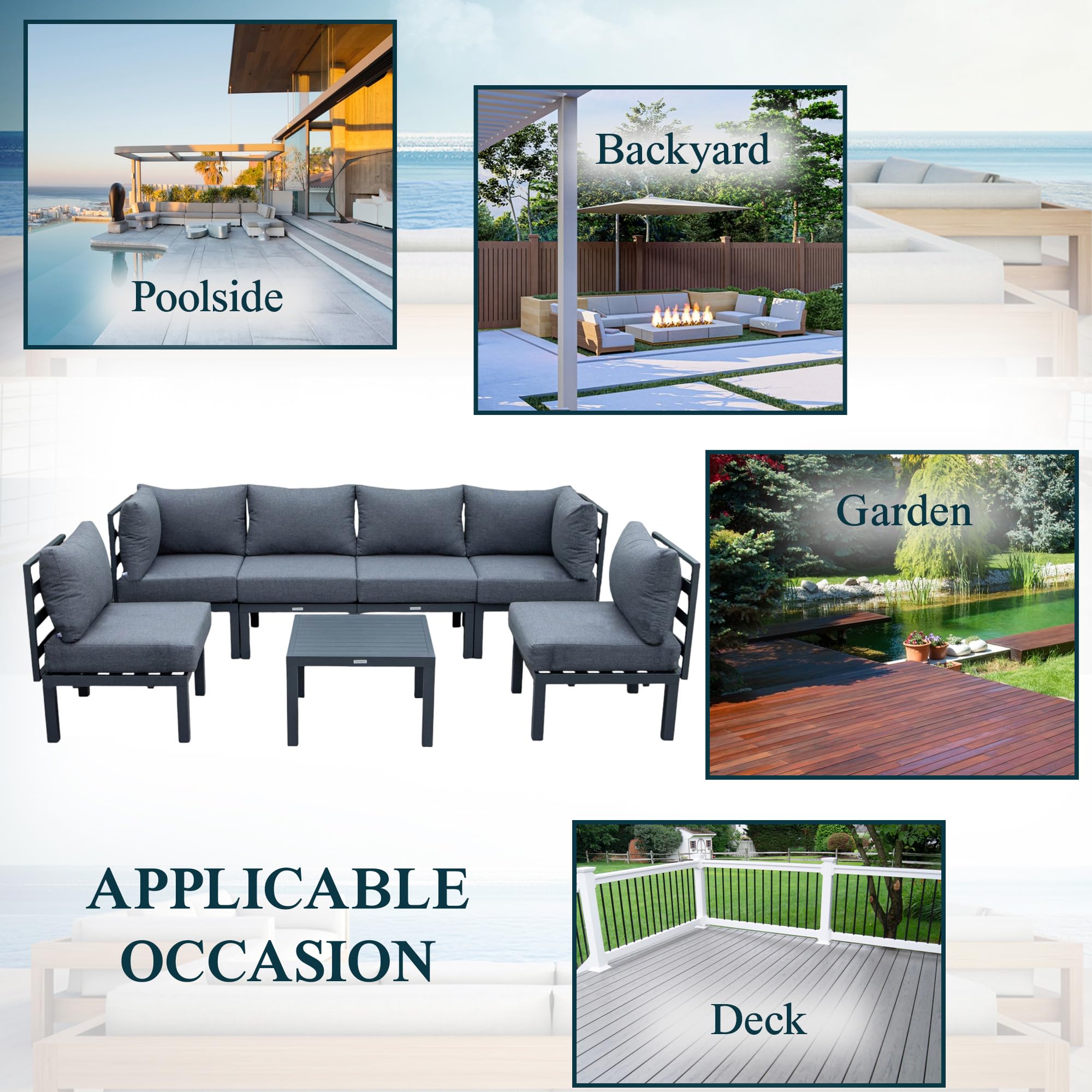 LeisureMod 7-Piece Outdoor Patio Set with Coffee Table - Black Aluminum Sectional & Cushions for Garden Relaxation