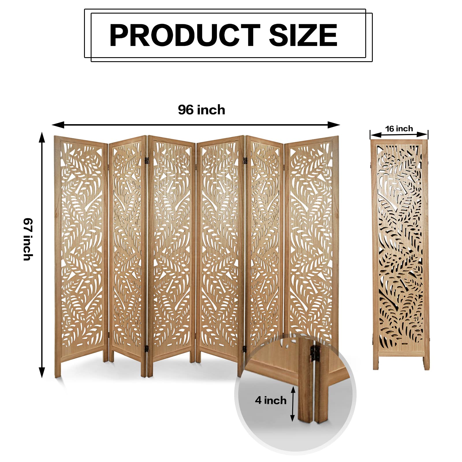 6 Panel Wooden Room Divider with Leaf Pattern - Hand Carved Folding Privacy Screen, Freestanding Partition for Home Decor, Bedroom, Office & Studio - Natural Home Decoration & Space Separator
