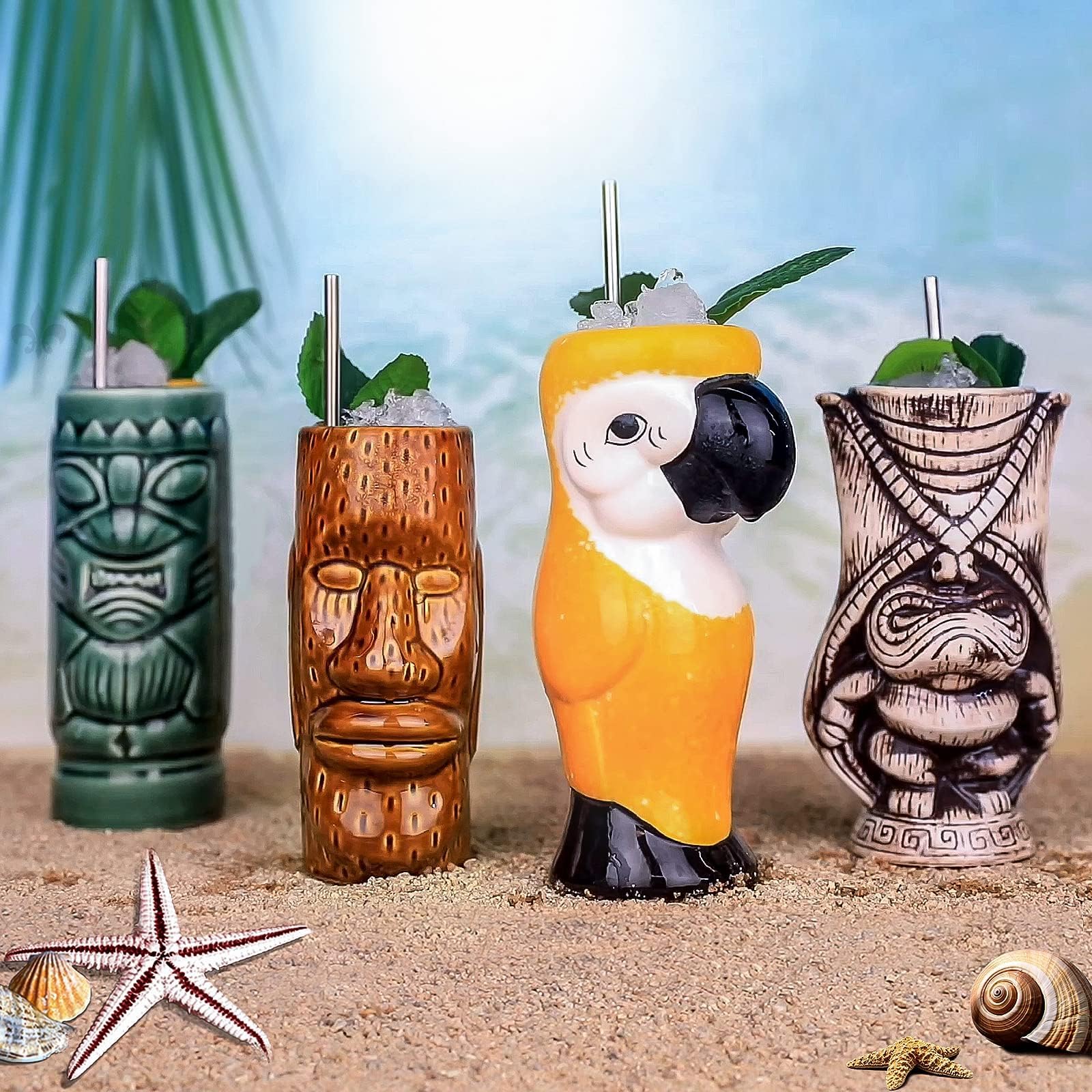 Premium Ceramic Tiki Mugs Set of 4 - Large Hawaiian Themed Cocktail Glasses for Tropical Drinks, Exotic Barware for Tiki Bars, Luau Parties & Home Decor - Perfect for Mai Tai, Pina Colada & Tropical Cocktails