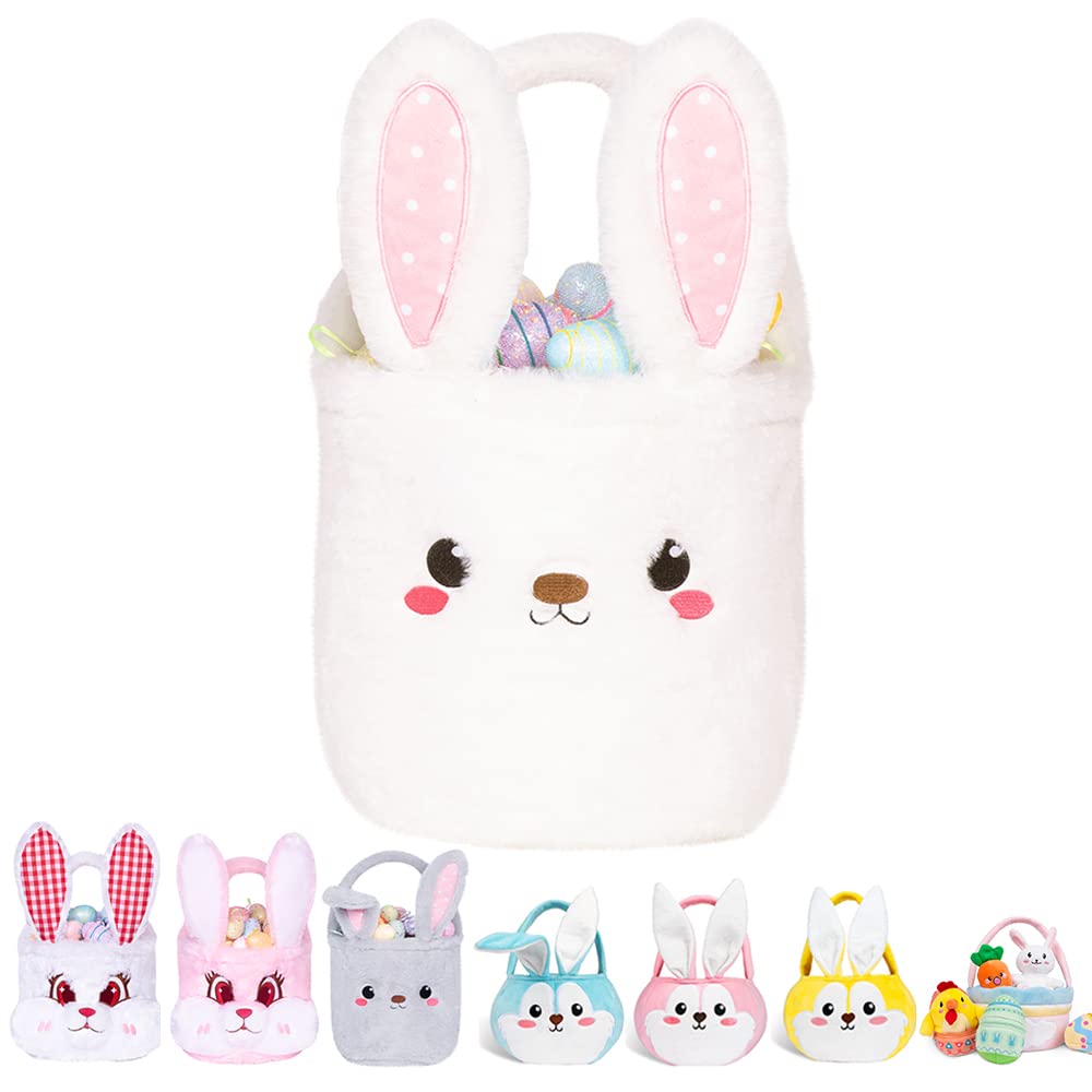 Easter Bunny Basket for Kids - Cute Plush Foldable Ears Easter Egg Hunt Tote with Handle - 9x9 Inch White Candy Bag Gift for Boys Girls Teens - Perfect for Easter Decorations, Egg Hunts & Party Favors