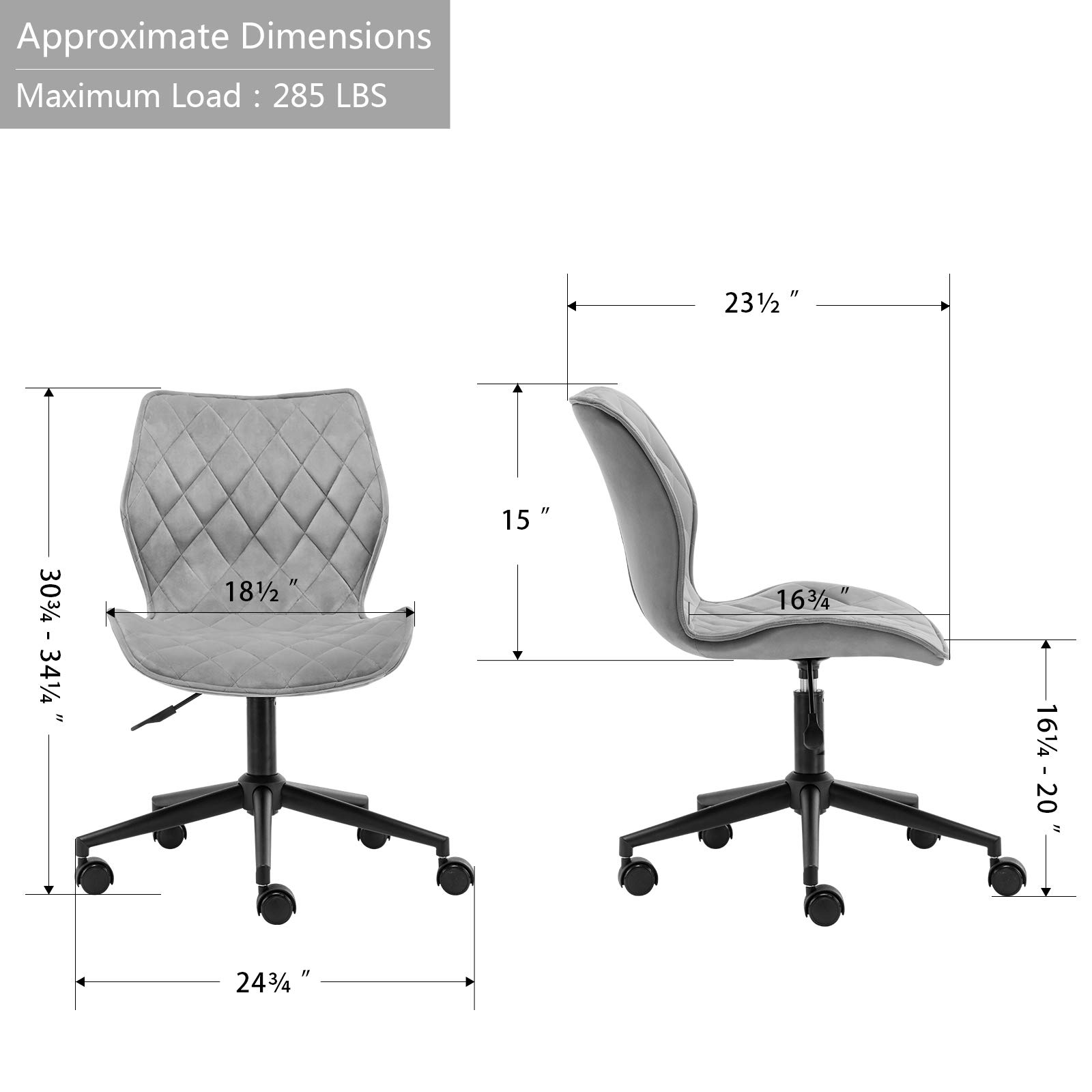 DUHOME Mid Back Computer Desk Chair - Armless Velvet Office Chair for Teens, Girls & Students - Ergonomic Study Chair for Home, Dorm & Workspace - Soft Grey Velvet Fabric (Perfect for Studying, Gaming & Remote Work)