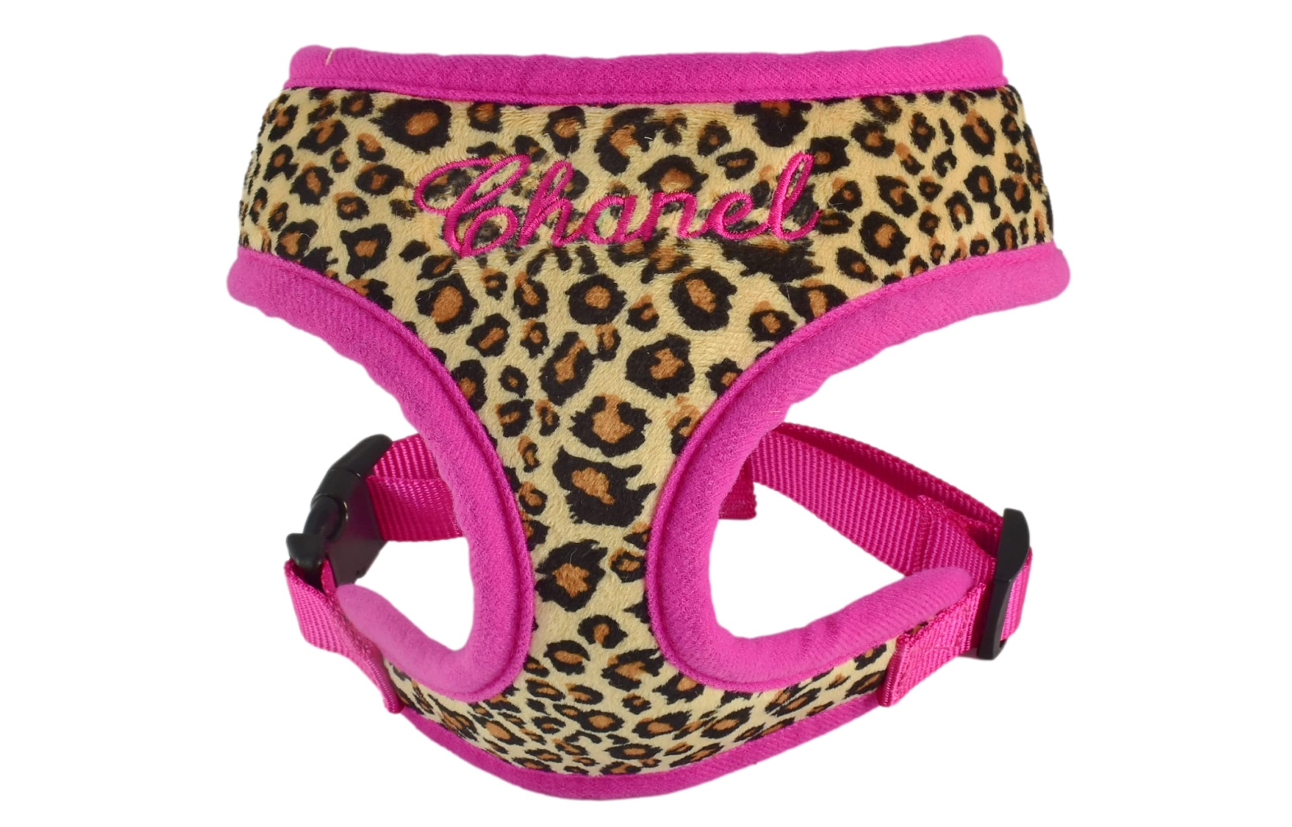 **Personalized Embroidered Leopard Dog Harness & Leash Set - Soft Plush Comfort, Fashionable Pink Harness for Small, Medium, Large Dogs (Large) - Perfect for Walks, Training & Stylish Outings**