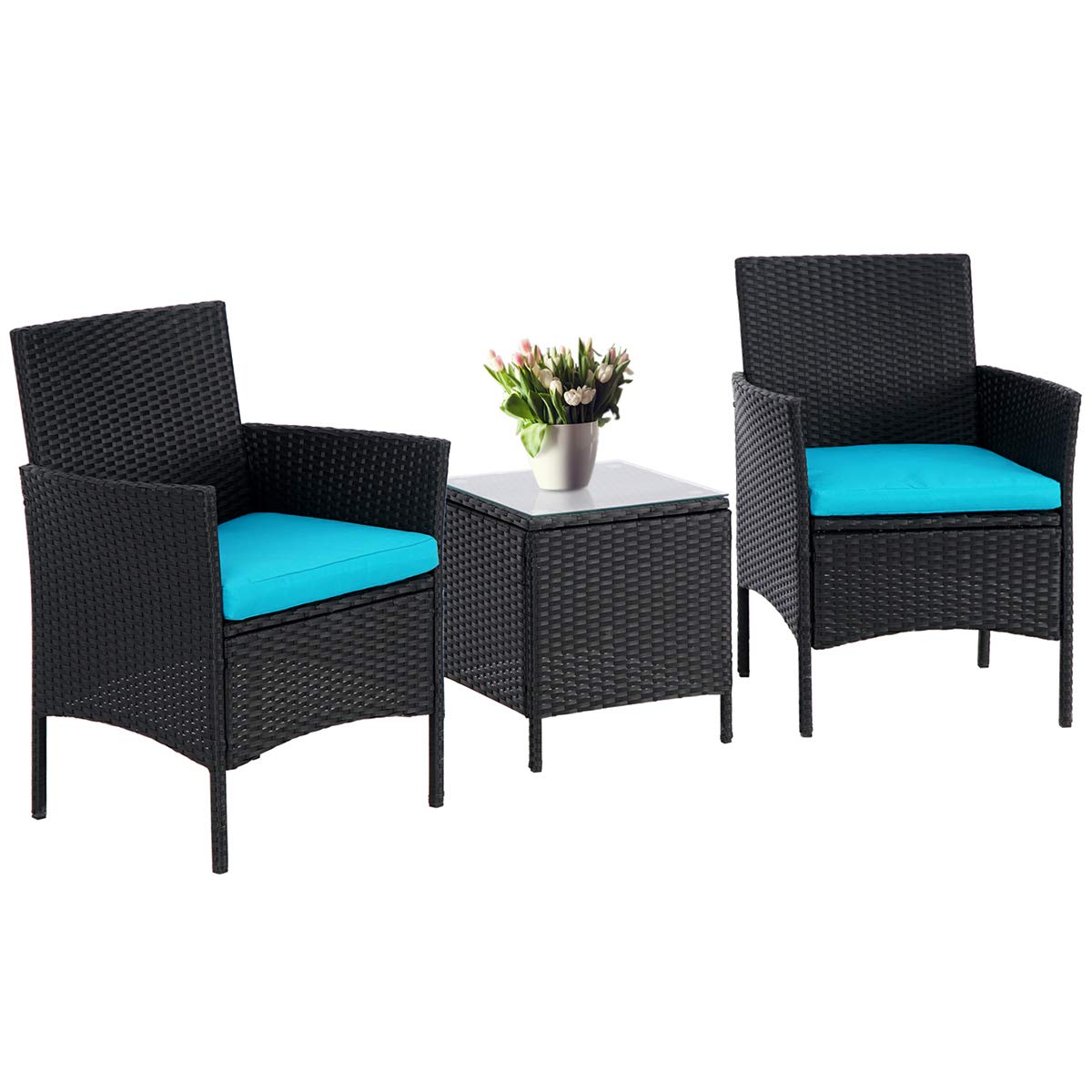 SUNCROWN 3-Piece Outdoor Patio Furniture Set - Black Rattan Wicker Bistro Set with Cushions & Coffee Table for Garden, Balcony, Backyard (Black/Light Blue) | Perfect for Relaxing, Entertaining & Outdoor Dining