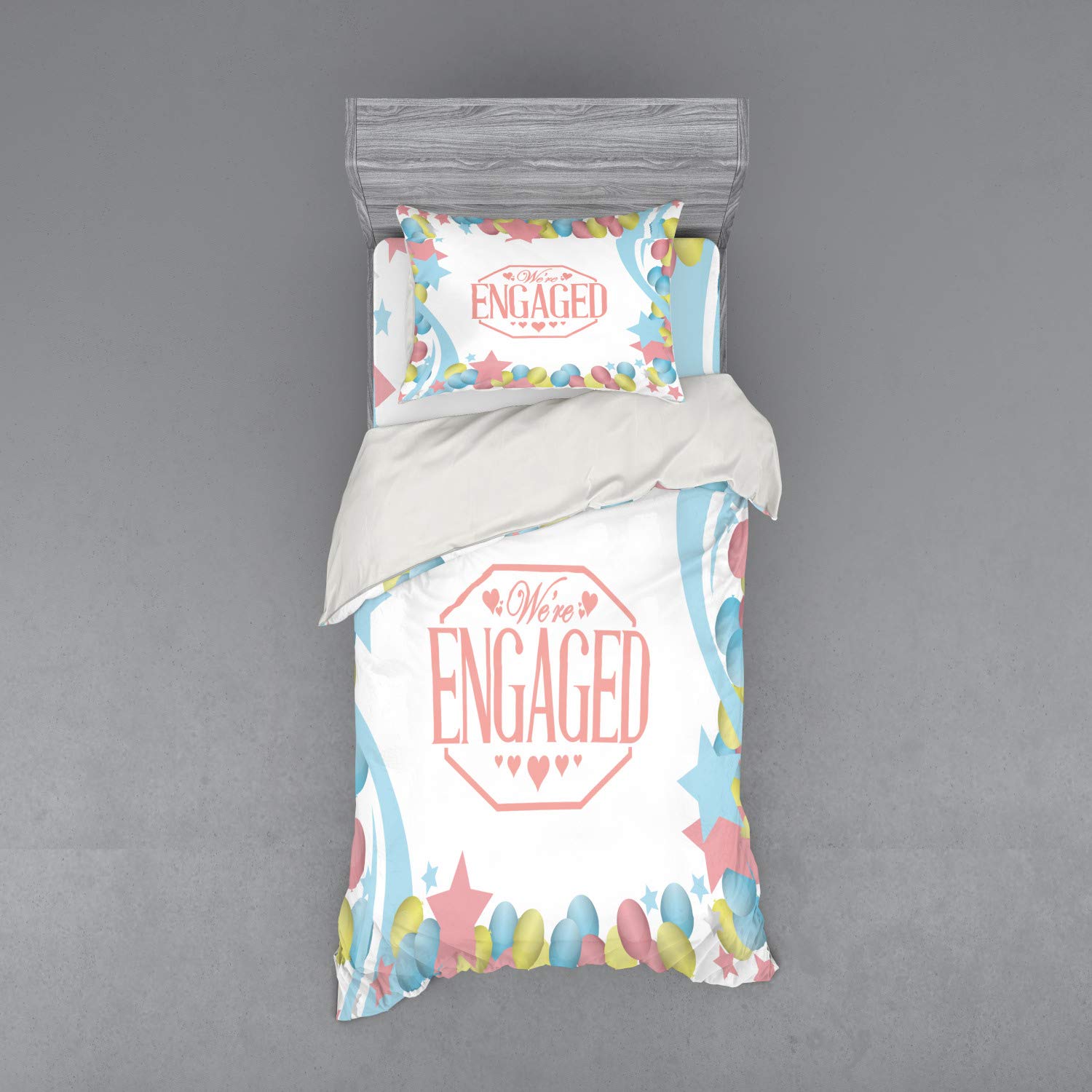 Ambesonne Engagement Party Duvet Cover Set - Vintage Balloons & Stars Design, 3-Piece Twin XL Bedding with Sham & Fitted Sheet in Pink Blue Green - Perfect for Engagement Celebrations, Bridal Showers & Newlywed Bedrooms