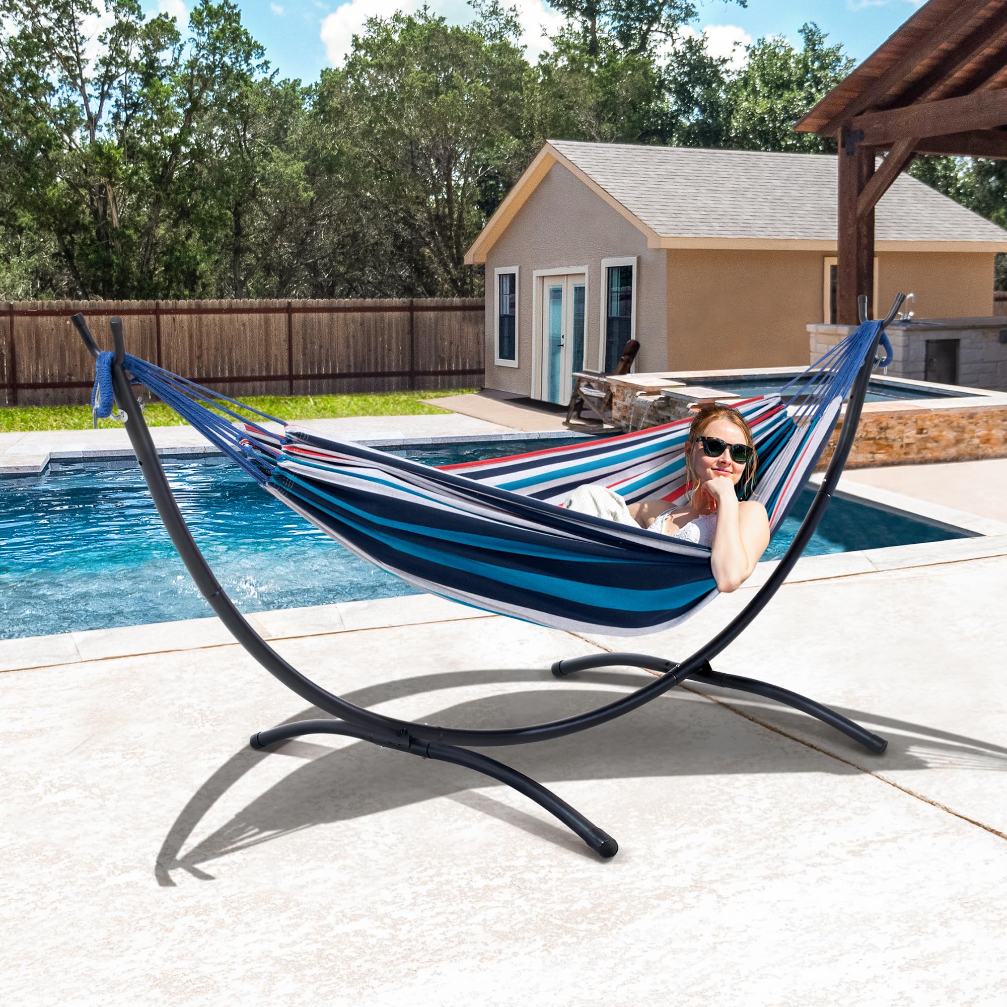 SUNCREAT Outdoor Hammock with Stand - 475 lbs Weight Capacity, Blue & Red Stripes - Perfect for Backyard, Patio, Porch, Camping & Relaxation