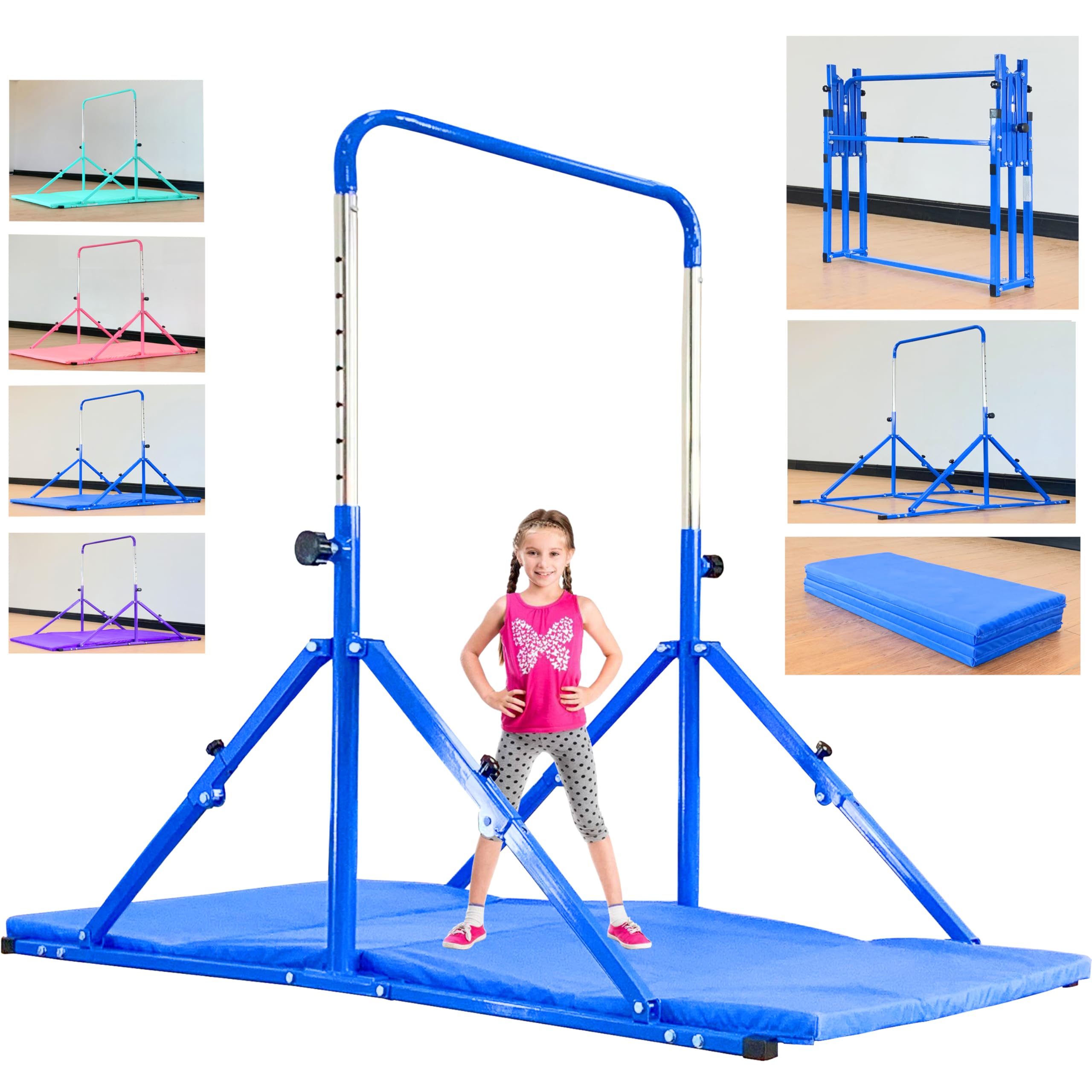 Upgrade Foldable Gymnastic Bar with Mat for Kids Ages 3-12 | 200 lbs Weight Capacity | Adjustable Horizontal Kip Bar | Home & Gym Training Equipment | Perfect for Backyard Play & Gymnastics Practice