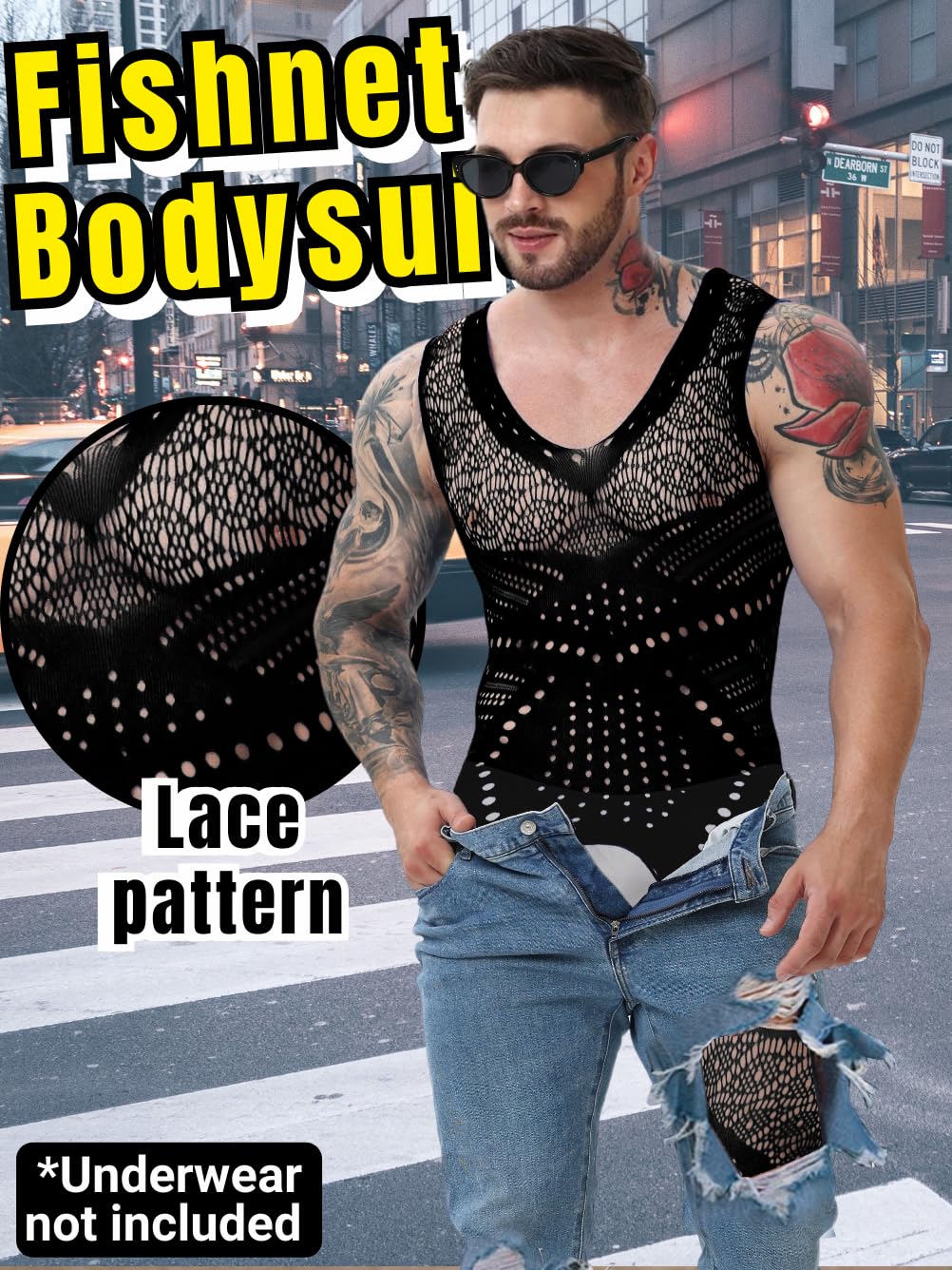 **Sexy Men's Lingerie - Fishnet Bodysuit & Lace Jumpsuit for Rave, Glow Party & Club Wear - Perfect Gift for Him**    *(Ideal for Valentine's Day, Bachelor Parties, Roleplay & Sensual Nights)*