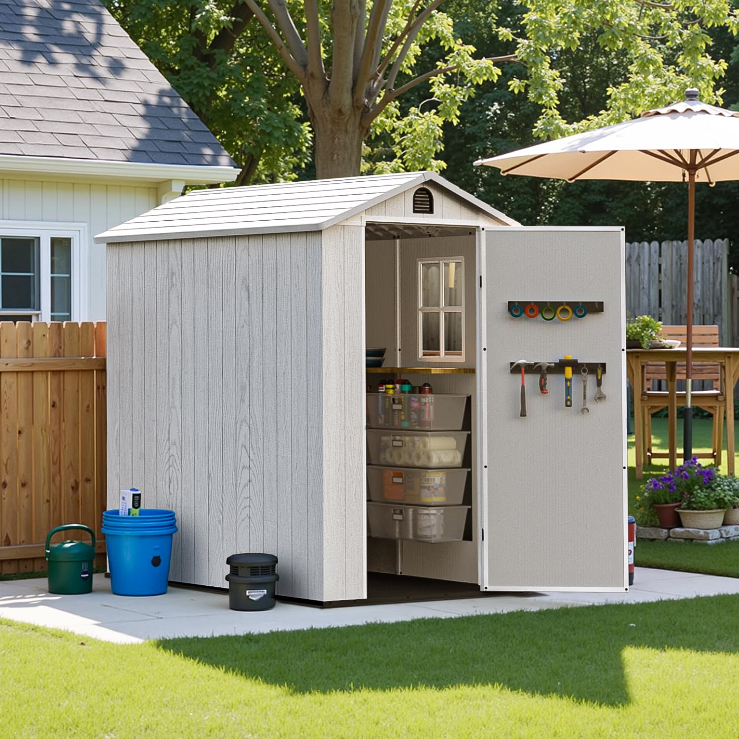 **Patiowell 4 x 6 FT Outdoor Plastic Storage Shed – Resin Garden Shed with Window & Lockable Door – Easy Assembly Light Grey – Perfect for Backyard, Tool Storage & Patio Organization**    *(Use Cases: Ideal for storing garden tools, lawn equipment, bikes, patio furniture, and seasonal decorations while keeping them secure and weather-resistant.)*