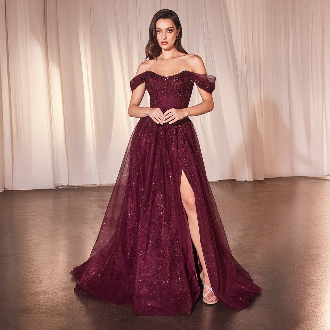 Ladivine by Cinderella Divine Plum Off The Shoulder Prom Gown - Elegant Formal Dress for Homecoming, Wedding, Evening Party & Special Occasions