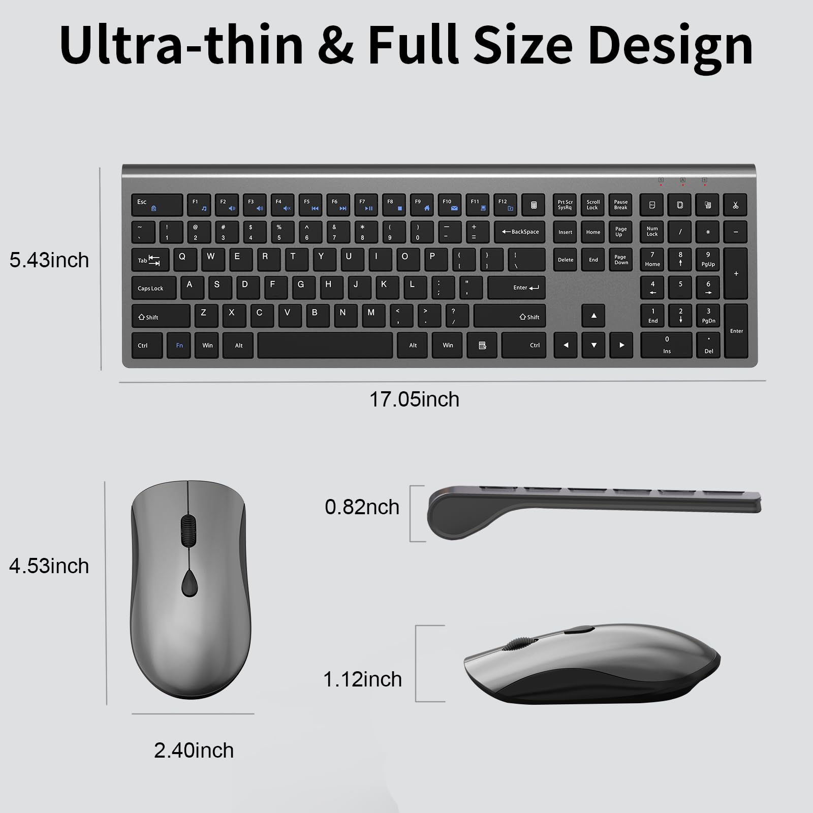 Wireless Keyboard and Mouse Combo - Silent Full-Size Keyboard with Calculator, 2400 DPI Ergonomic Mouse, Quiet Click, Slim USB Cordless Set for PC Laptop Windows Mac (Space Gray) - Perfect for Office, Home & Gaming
