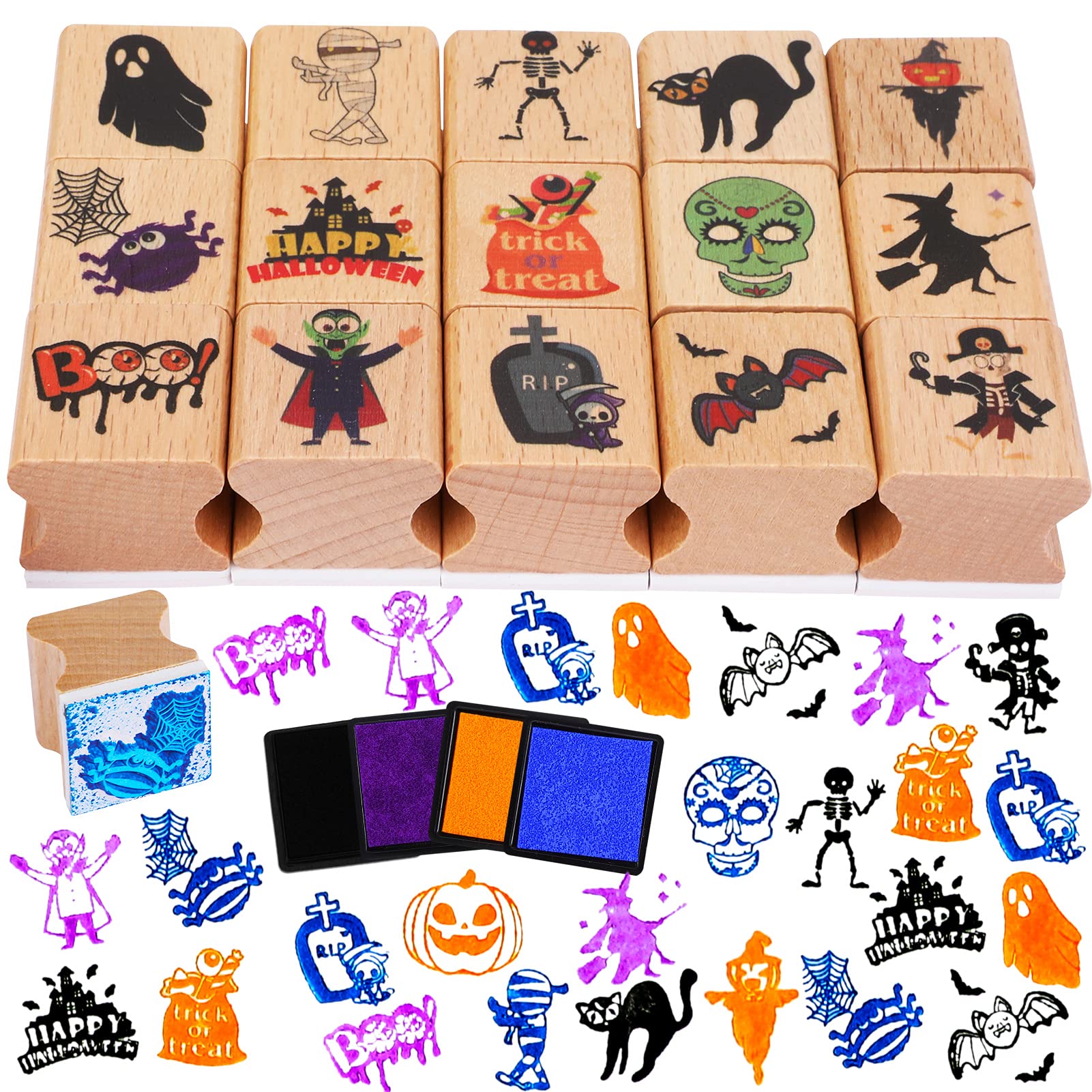 16 Pack Halloween Stamps for Kids - 4 cm Wooden Stamps with Ink Pad - DIY Scrapbooking, Card Making & Crafting Supplies - Perfect for Halloween Party Favors, Classroom Activities & Holiday Gift Giving