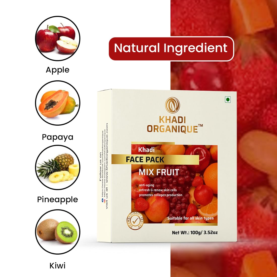 Khadi Organique Mix Fruit Face Pack for Skin Brightening & Glow - 100% Natural & Organic (Pack of 1) | Best for Daily Skincare Routine & Radiant Complexion