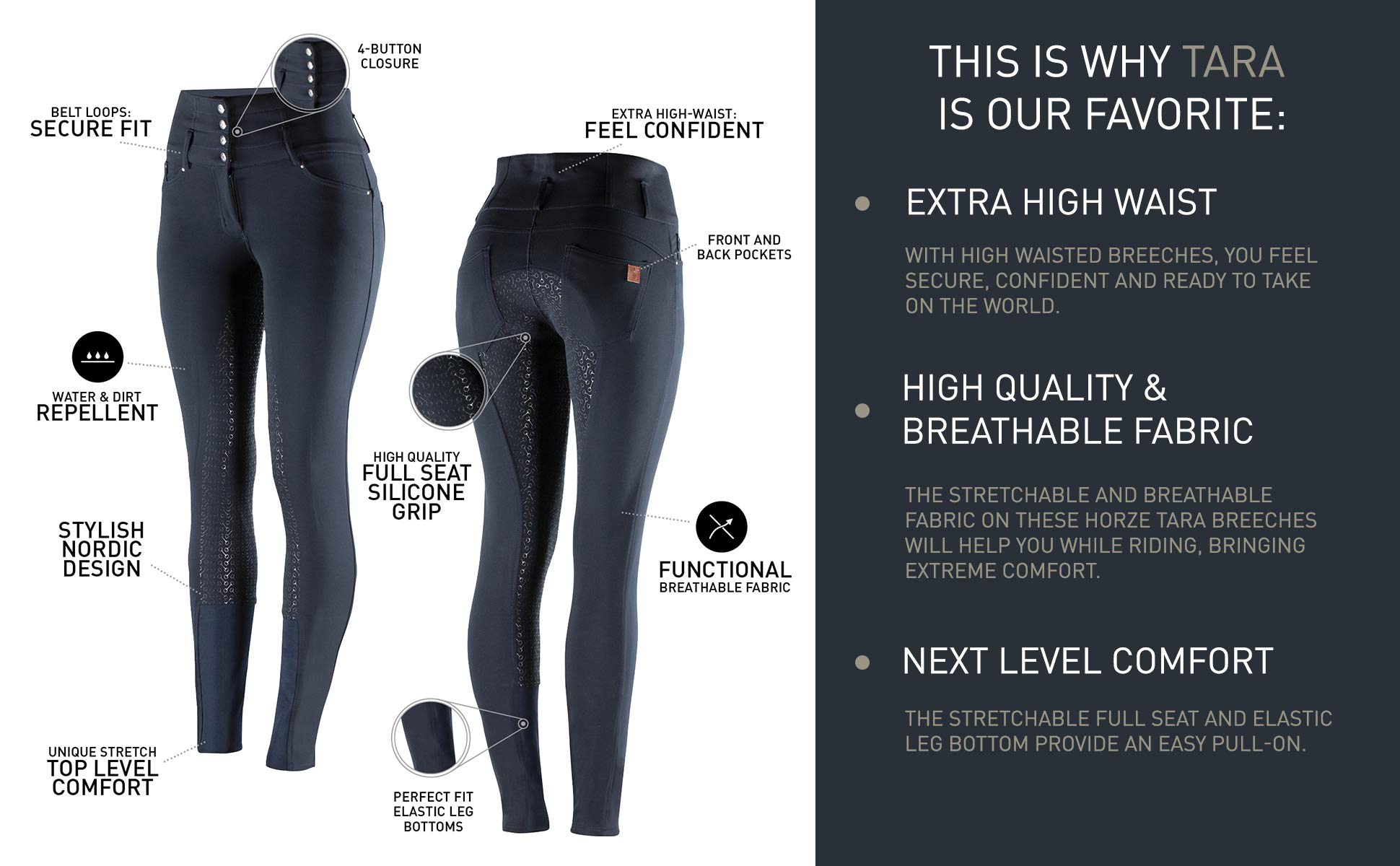 HORZE Women's Tara Full Seat Silicone Grip Breeches - Stretchable High Waist Riding Pants with 4 Pockets for Equestrian & Horseback Riding