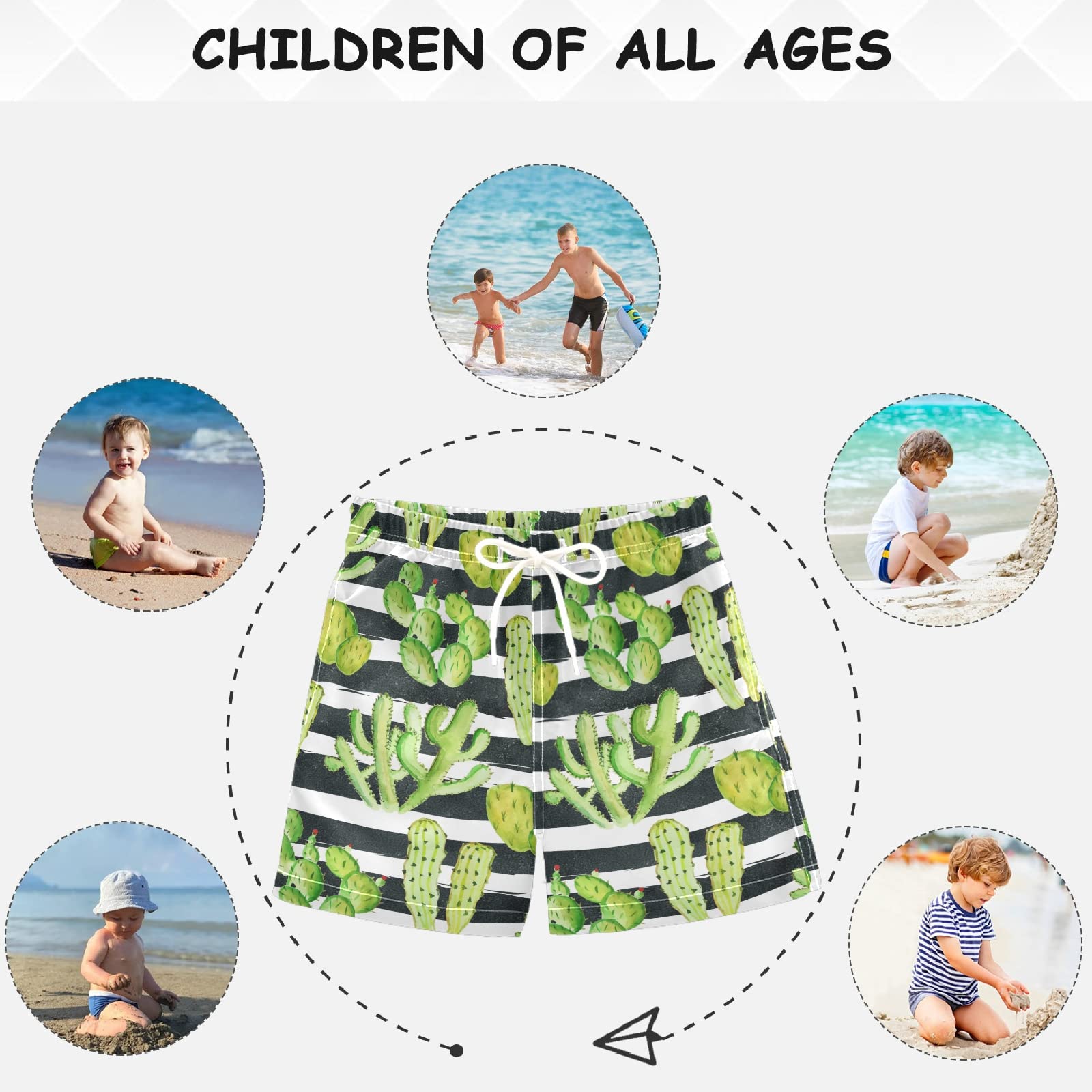 Visesunny Boys Swim Trunks - Watercolor Cactus Print with Black & White Stripes, Toddler Bathing Suits for Kids, Baby Boy Swimwear | Perfect for Pool, Beach & Summer Water Activities