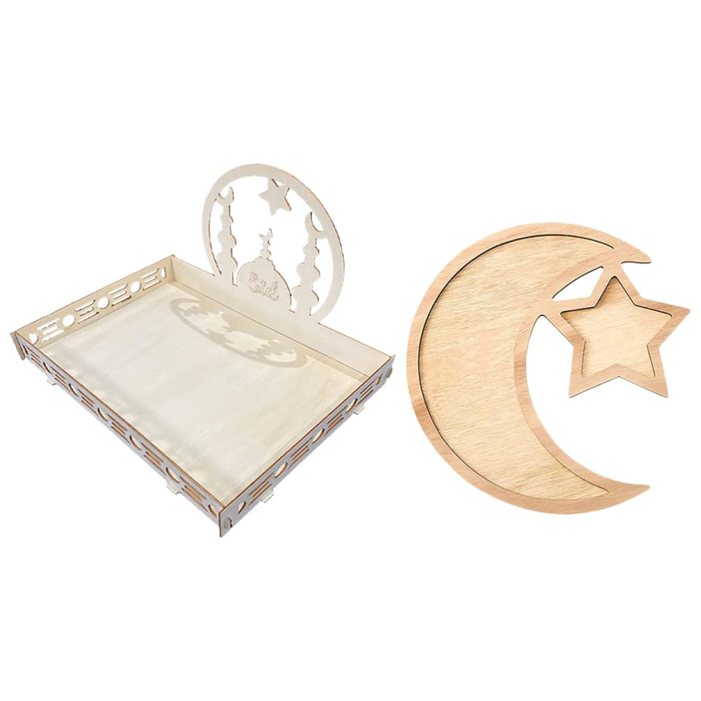 ABOOFAN 2-Piece Ramadan Wooden Tray Set with Moon & Star Design - Elegant Serving Plates for Snacks, Desserts, Fruits & Nuts - Perfect for Eid Mubarak Decorations & Holiday Celebrations