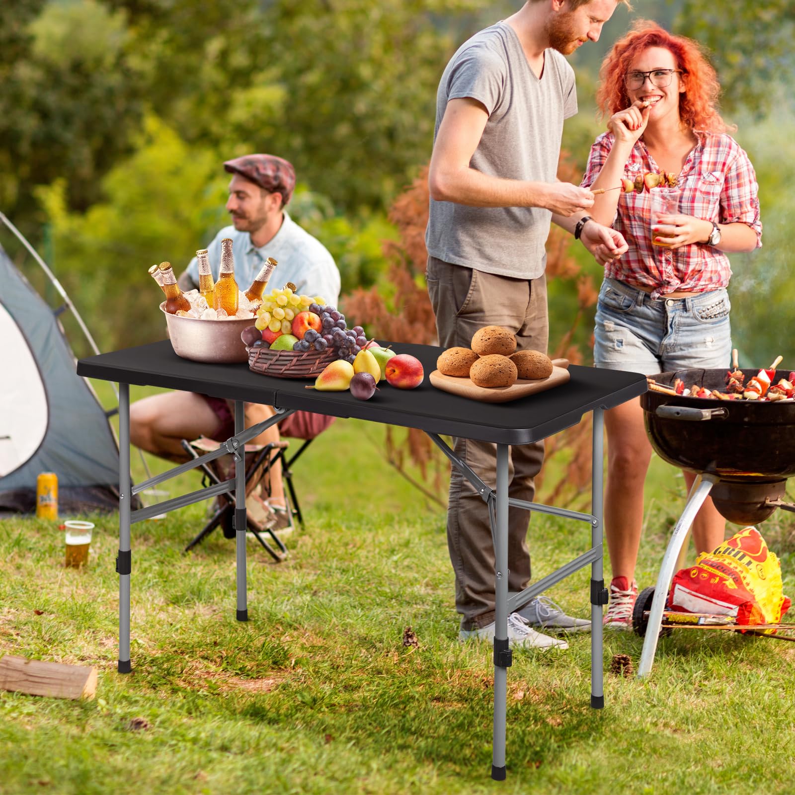 4ft Square Folding Table - Portable Plastic Card Table with Handle for Indoor & Outdoor Use | Collapsible Utility Dining Table Perfect for Parties, Camping, Picnics, BBQs & Home Events (Black)