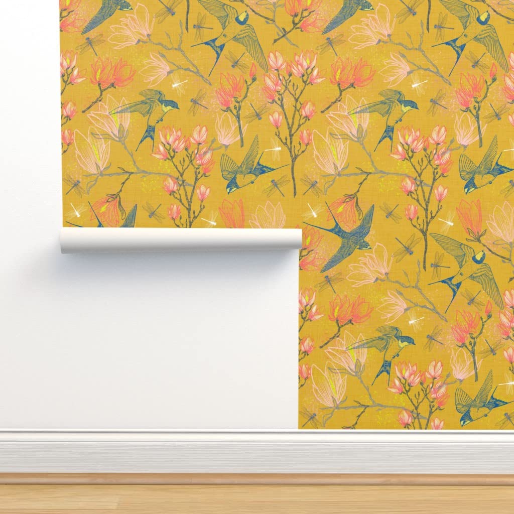 Peel & Stick Wallpaper Swatch - Marigold Yellow Gold Summer Magnolia Floral with Swallows | Botanical Nature Design | Custom Removable Wallpaper for Bedroom, Nursery & Home Decor
