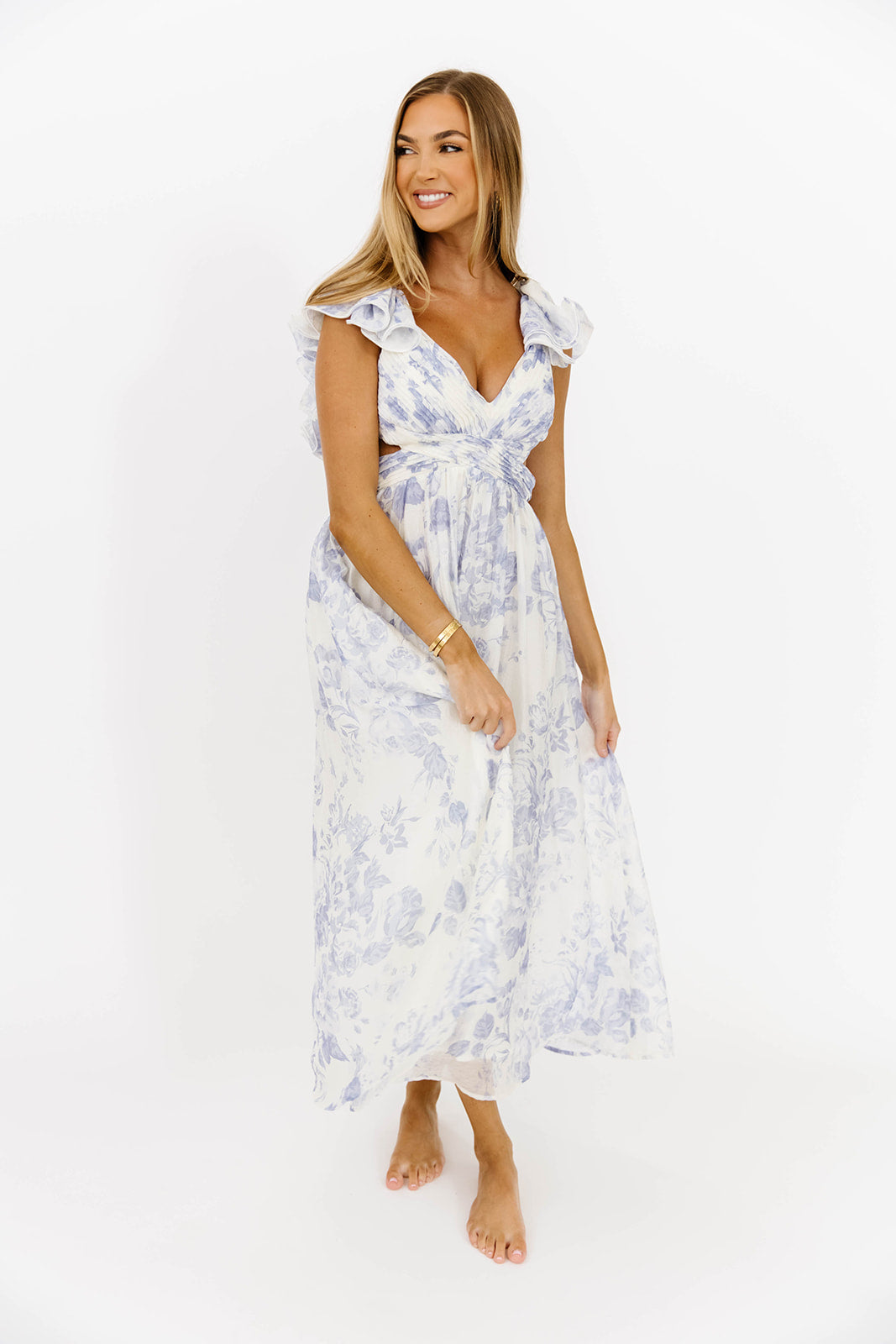 Jillian Floral Midi Dress in Blue - Elegant Summer Dress for Women, Perfect for Weddings, Parties & Casual Outings