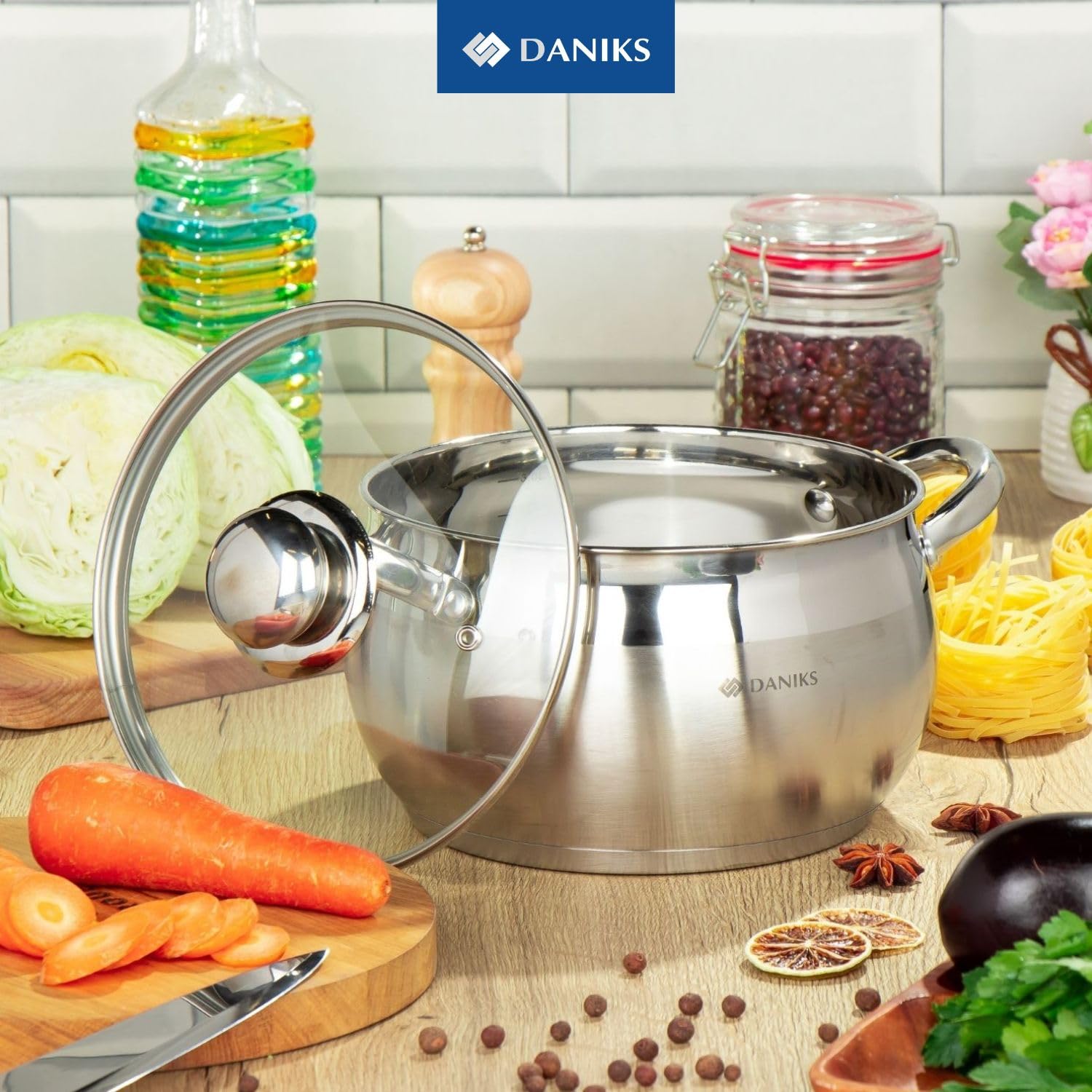 Daniks Classic 6-Piece Stainless Steel Induction Cookware Set - Dishwasher Safe Pots with Lids & Measuring Scale, Silver | Perfect for Home Cooking, Kitchen Upgrades & Gift Giving