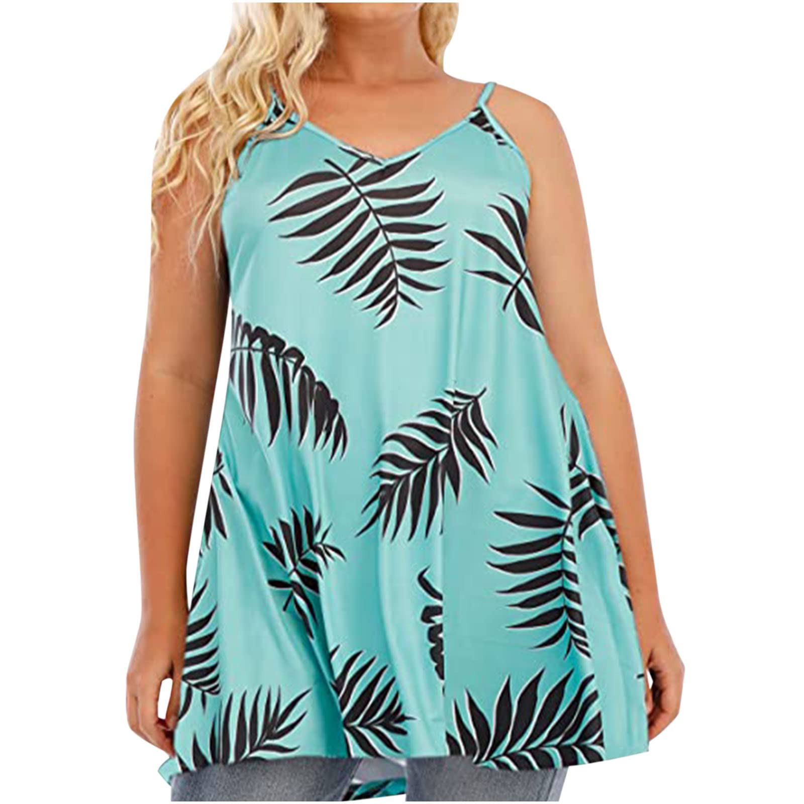 Maqorz Women's Plus Size Sexy V-Neck Spaghetti Strap Sleeveless T-Shirt - Floral Printed Casual Flowy Vest Top for Summer, Beach, Party & Date Night Outfits