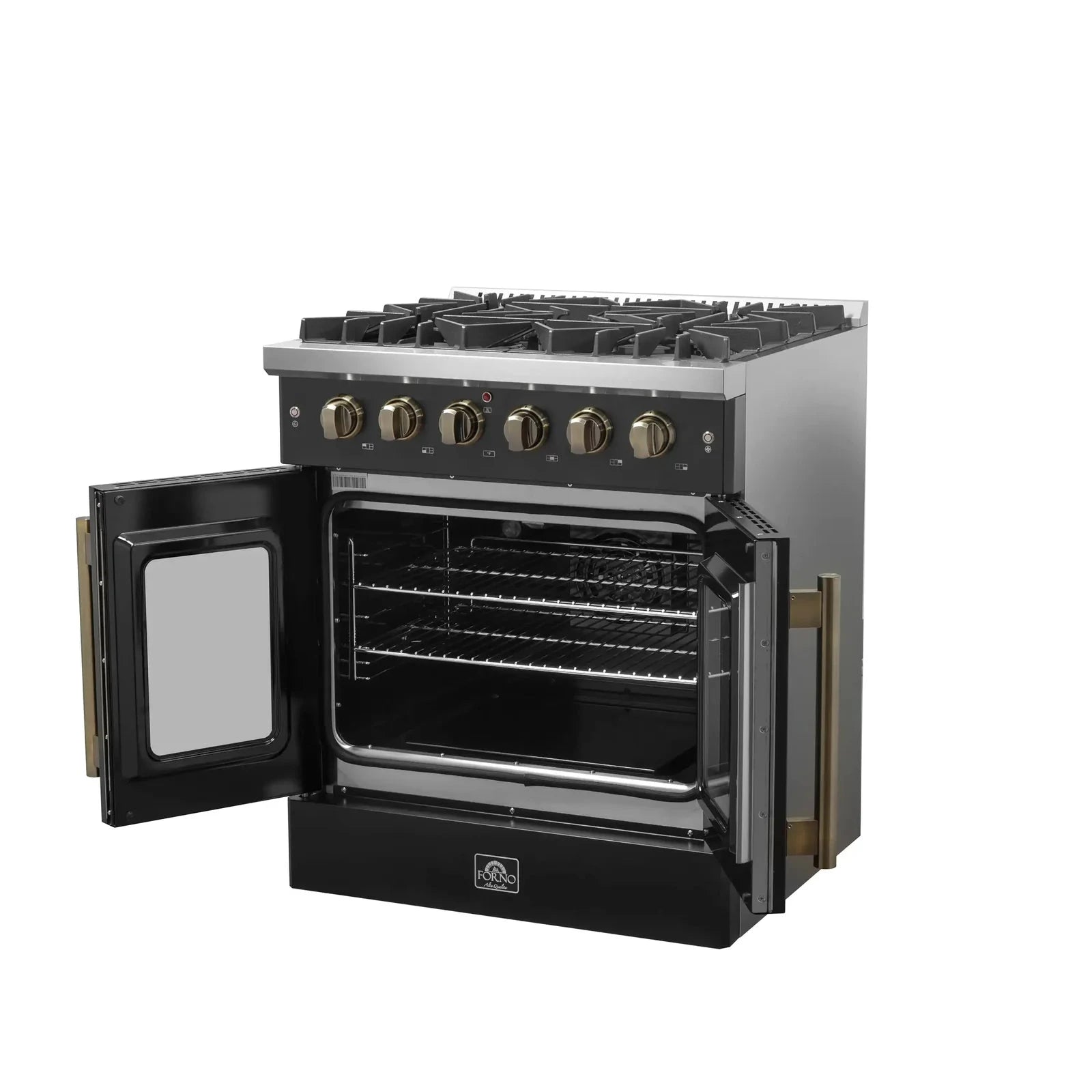 Forno Galiano 30-Inch Freestanding All-Gas Range with French Doors - Black Finish & Antique Brass Trim (Model FFSGS6444 30BLK) | Perfect for Modern Kitchens, Gourmet Cooking & Luxury Home Upgrades