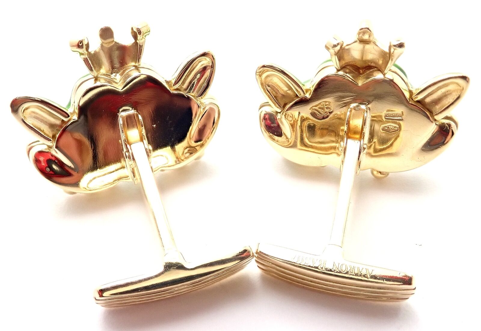 Authentic Aaron Basha 18k Yellow Gold Diamond Enamel Frog Prince Cufflinks - Luxury Gift for Men, Perfect for Weddings & Formal Events