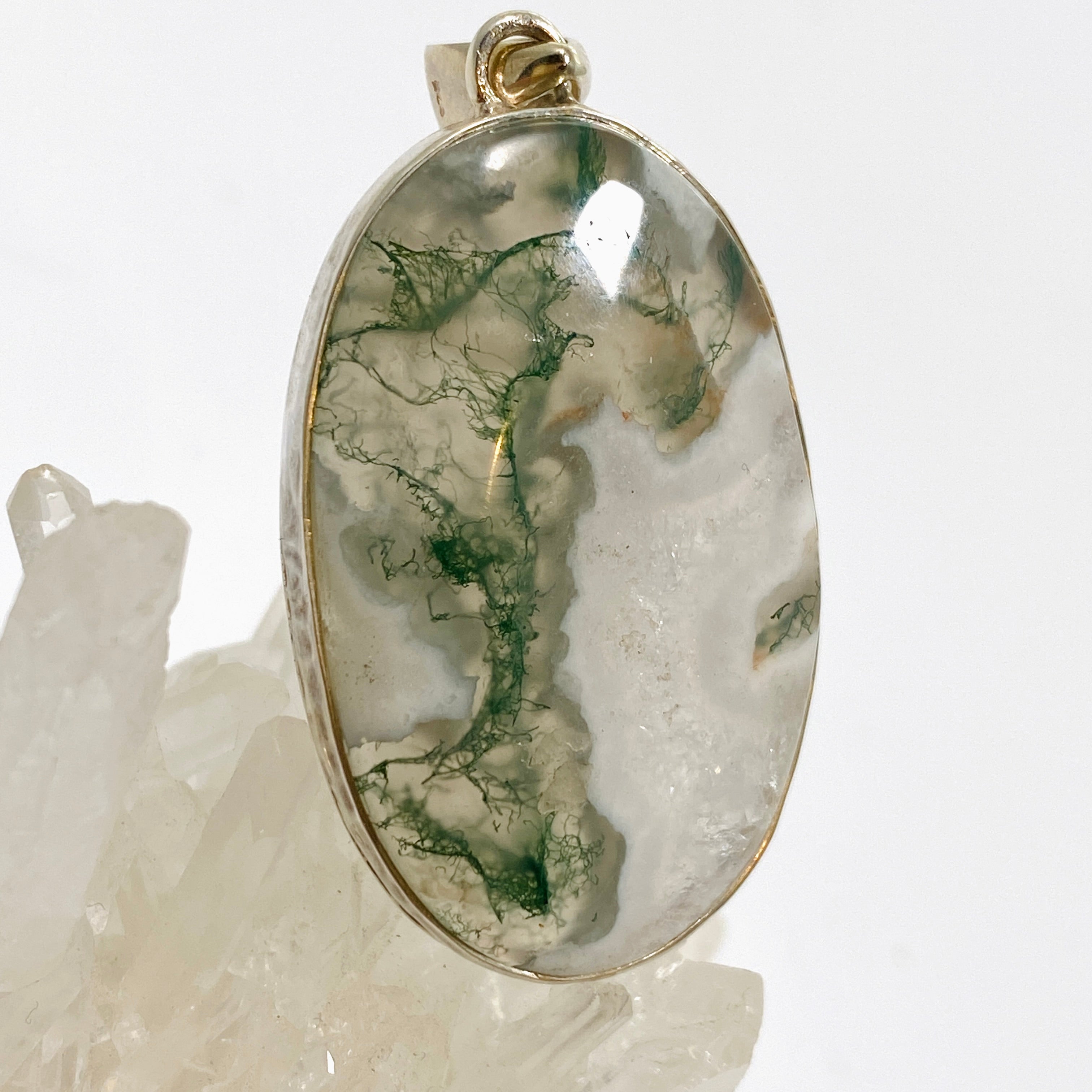 Natural Moss Agate Oval Cabochon Pendant in Handmade Hammered Sterling Silver Setting KPGJ4708 - Perfect for Boho Jewelry, Spiritual Healing & Gift Giving