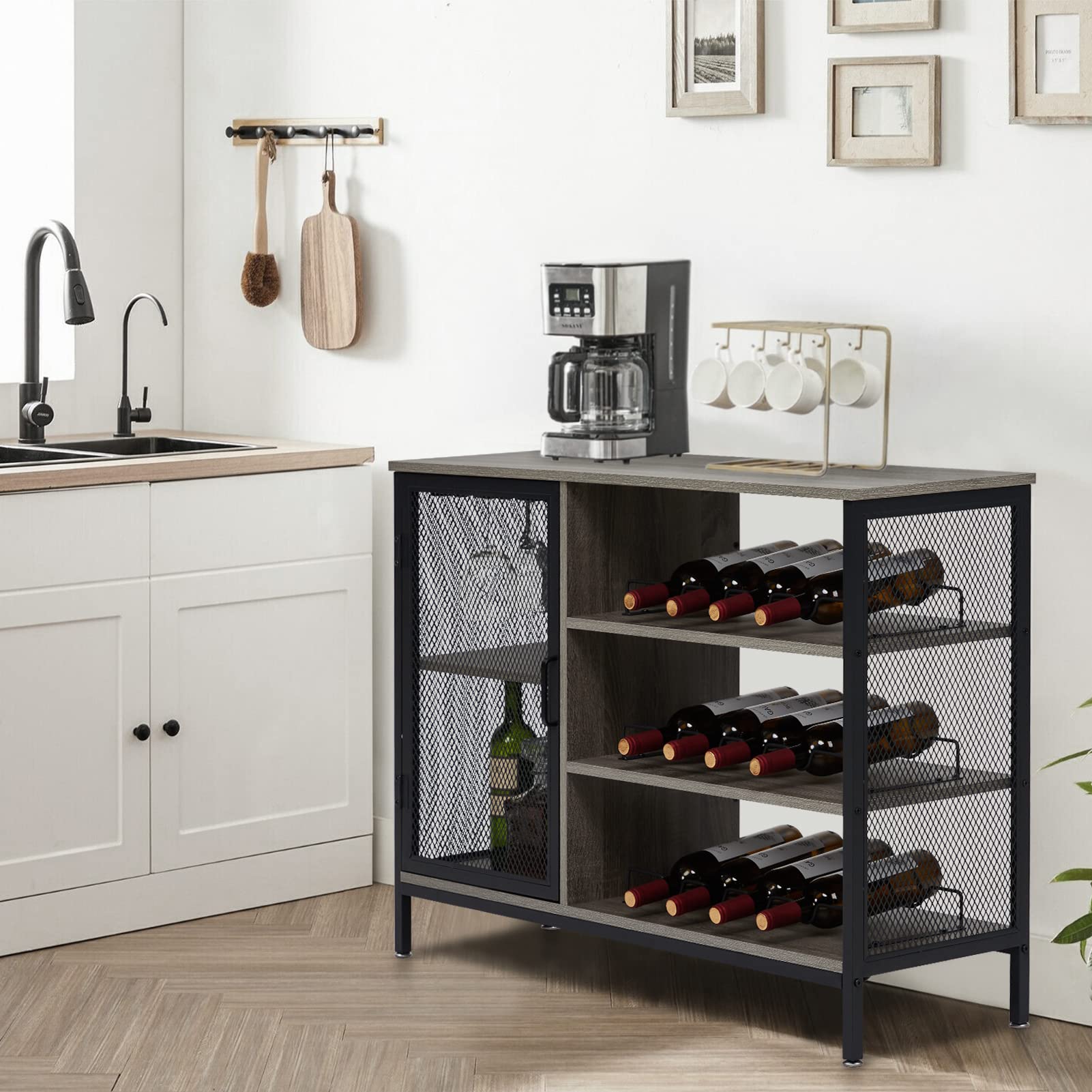 Modern Grey Bar Cabinet for Home - Wine & Liquor Storage with Removable Wine Rack, Glass Holder & Coffee Bar - Space-Saving Corner Cabinet for Living Room, Dining Room or Home Office