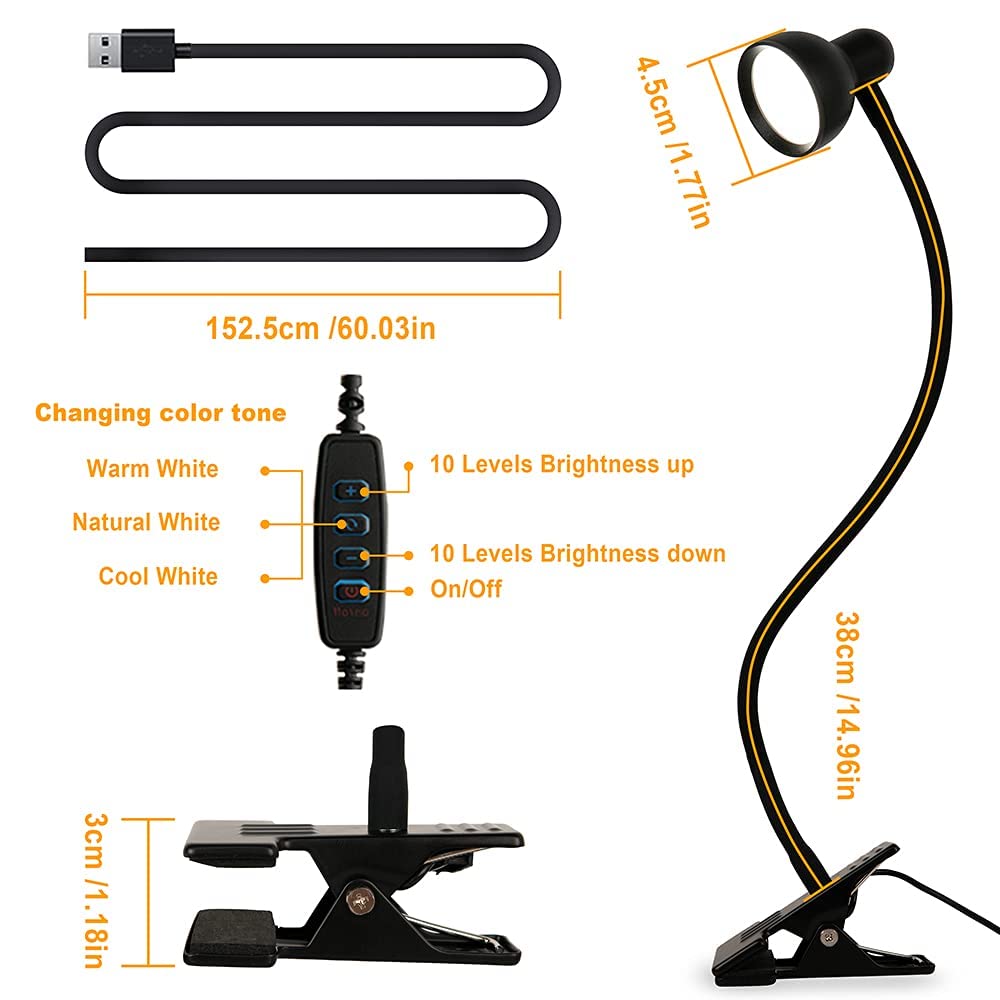 Clip On Reading Light for Bed - 3 Color Modes & 10 Dimmable Brightness Levels, Eye-Caring Flexible Gooseneck Desk Lamp with Clamp - Perfect for Night Reading, Studying, Computer Work, and Bed Headboard Use