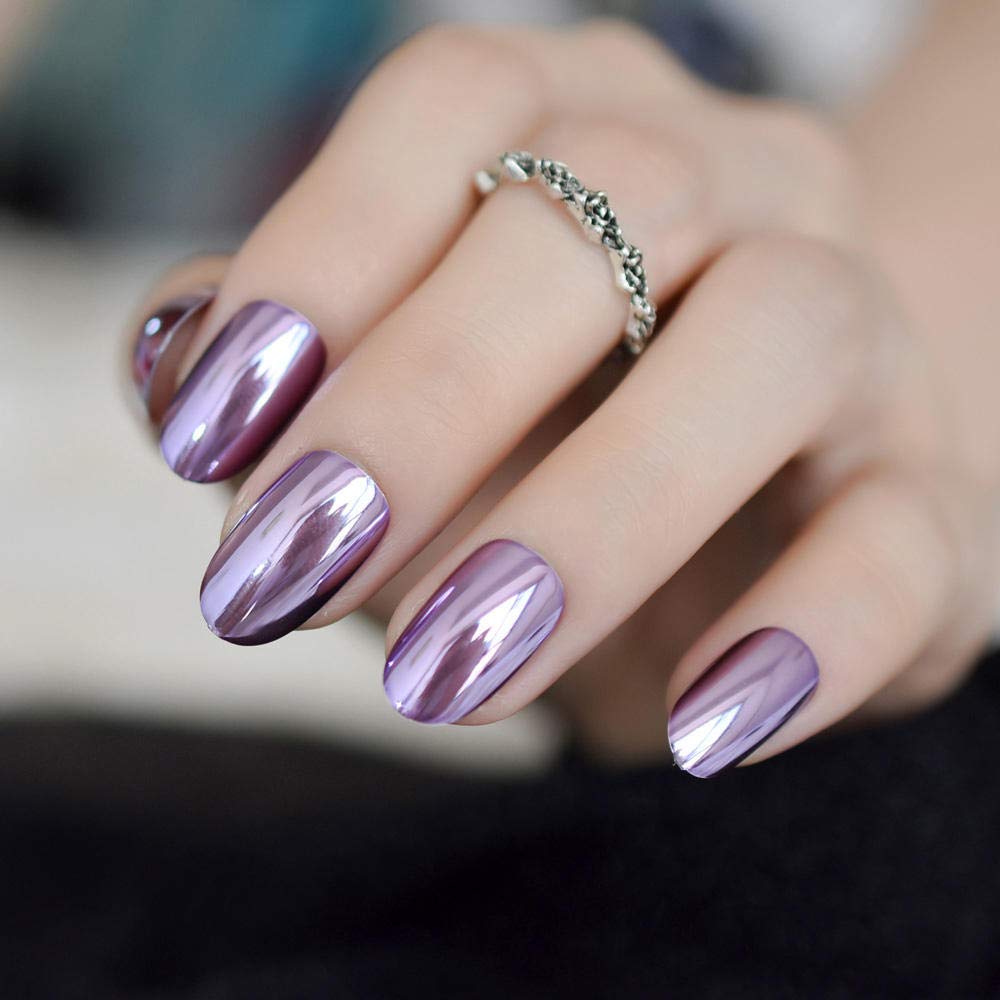 24PCS Light Purple Metallic False Nails with Mirror Finish - Pre-Designed Round Full Cover Fake Nails for Manicure - Perfect for Parties, Weddings & Special Occasions