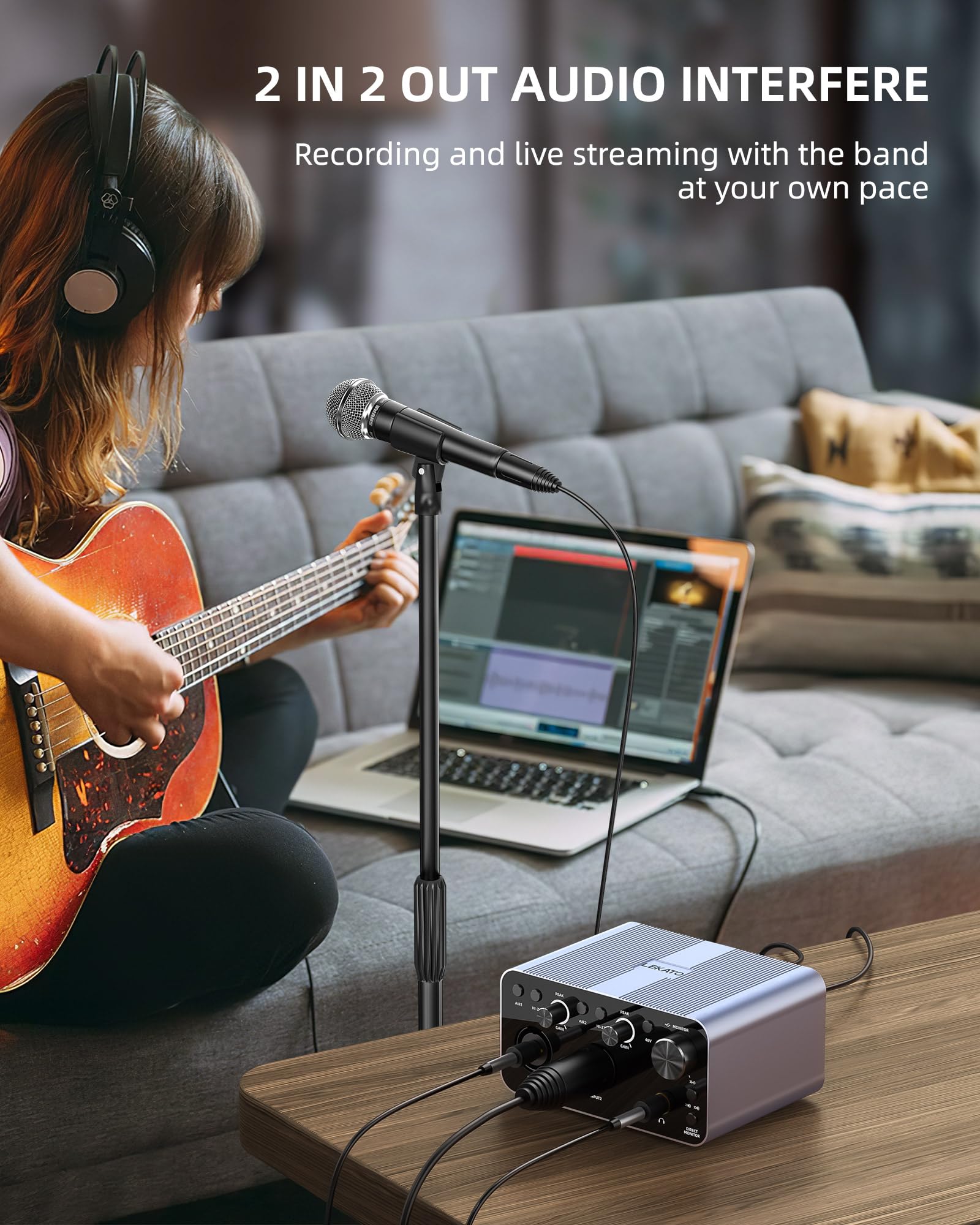 LEKATO 2i2 USB Audio Interface - 24-bit/192kHz Studio Recording Interface with XLR Inputs & 48V Phantom Power for Smartphones, Computers, Guitars, Podcasting & Music Production - Perfect for Home Studios, Live Streaming & Professional Recording Sessions