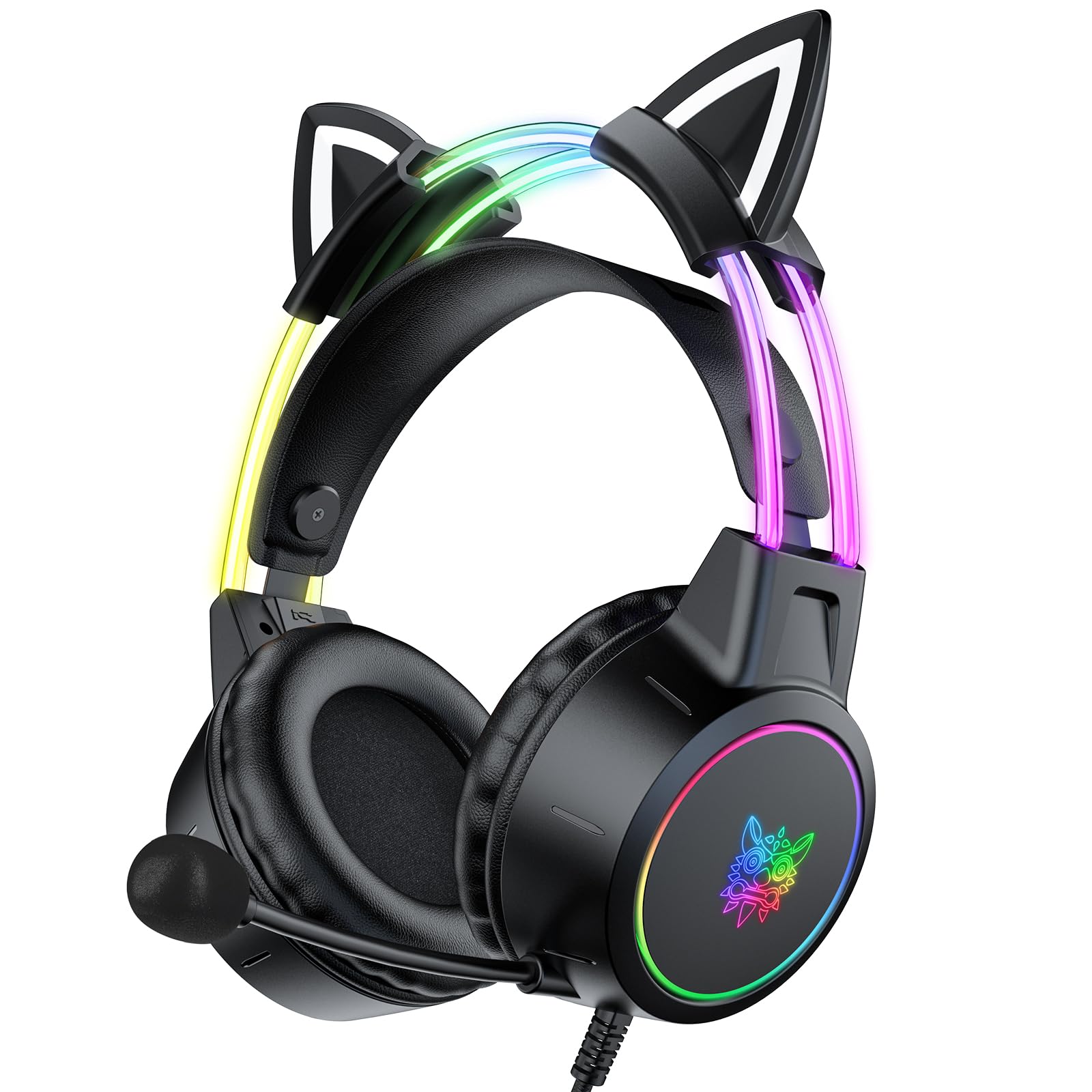 Lightweight Gaming Headset with Detachable Cat Ears - RGB LED Wired Over-Ear Headphones with Noise-Canceling Mic for PC, PS4, PS5, Xbox, Nintendo Switch | Stereo Surround Sound & Self-Adjusting Headband | Perfect for Streaming, Esports & Late-Night Gaming Sessions