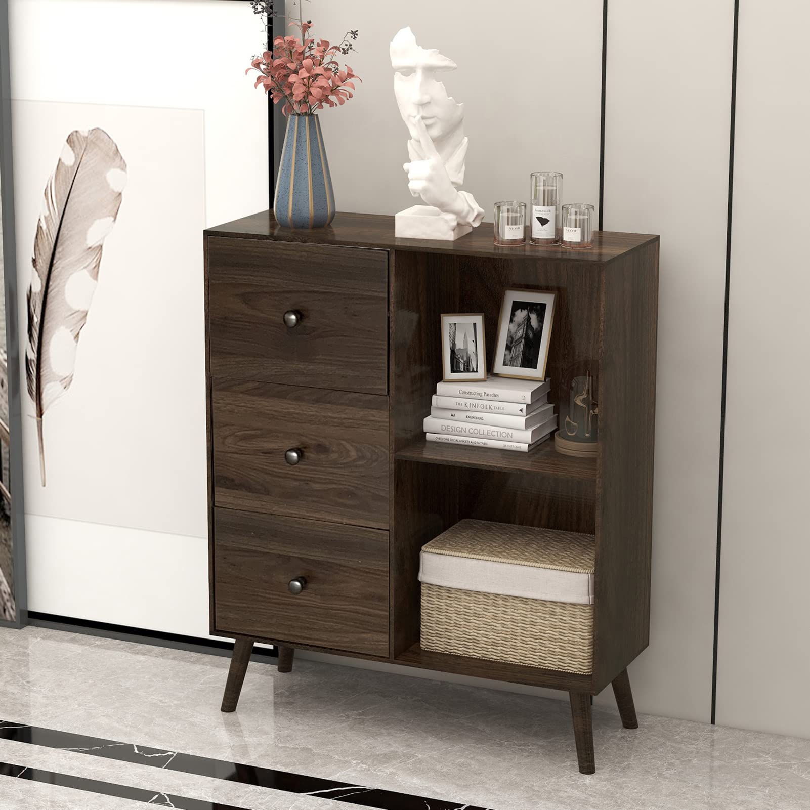 3-Drawer Vertical File Cabinet with 2 Open Shelves - Multi-Functional Lateral Filing Cabinet & Printer Stand for Office - Brown Bookcase Sideboard for Home Organization & Storage