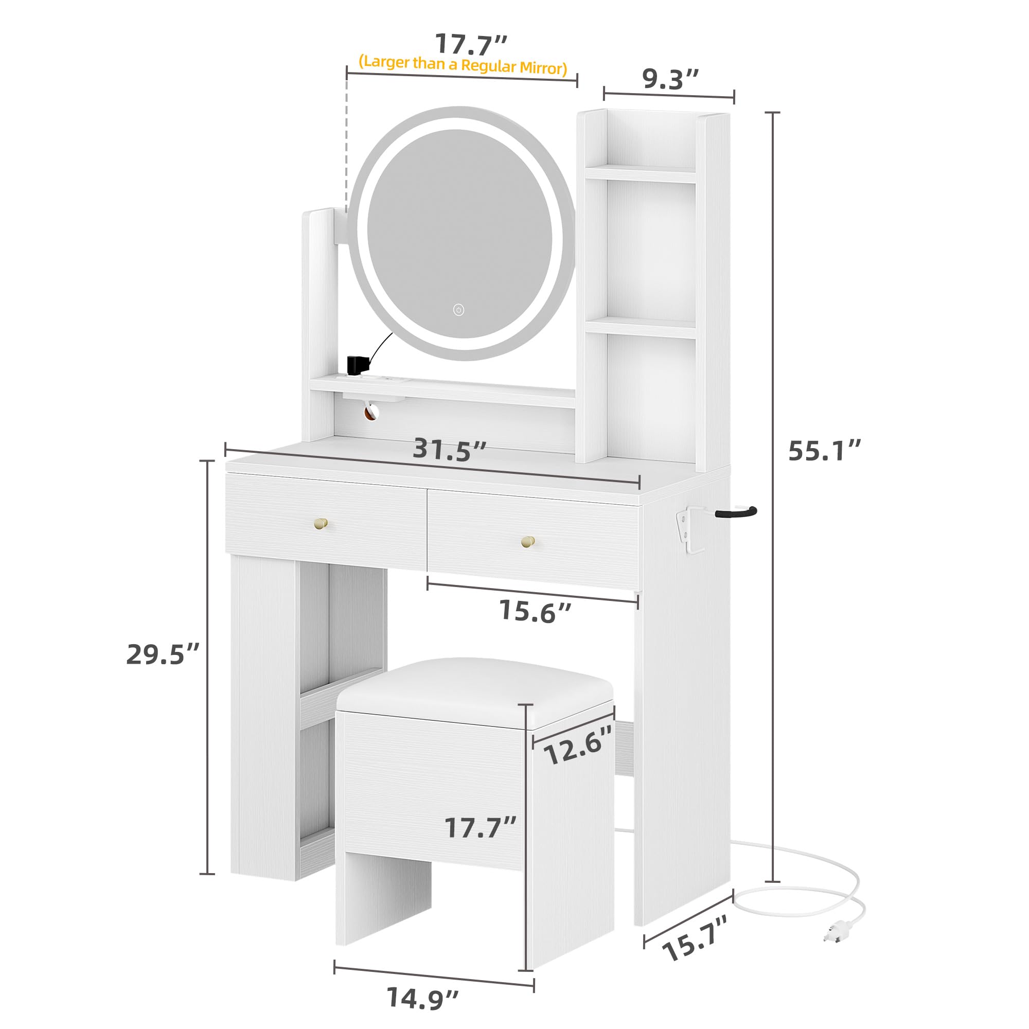 DWVO Vanity Desk with Mirror and LED Lights - Makeup Vanity Table Set with Power Outlets, Stool & 3 Lighting Modes - White Dressing Table with 3 Drawers & Storage Shelves for Bedroom - Perfect for Makeup Application, Skincare Routine & Home Decor