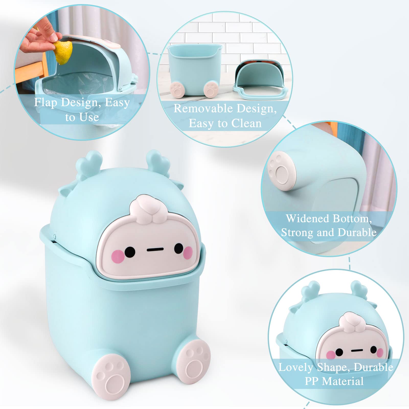 QLFJ-FurDec Small Wastebasket with Lid - Cute Mini Office Trash Can, 15.5 x 14 x 23.5cm Desk Dustbin with 3 Rolls Bin Liners, Cartoon Design for Home, Bedroom, Vanity Tabletop & Office Use (Pink) - Perfect for Small Spaces, Makeup Stations & Workspaces