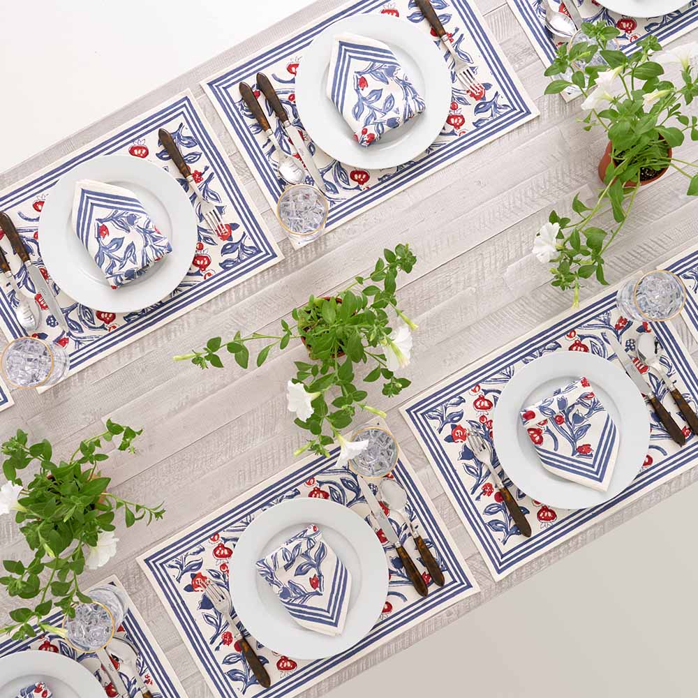 Emma Red & Blue Placemats Set of 4 - Waterproof & Non-Slip Dining Table Mats for Everyday Use, Parties & Holiday Decor