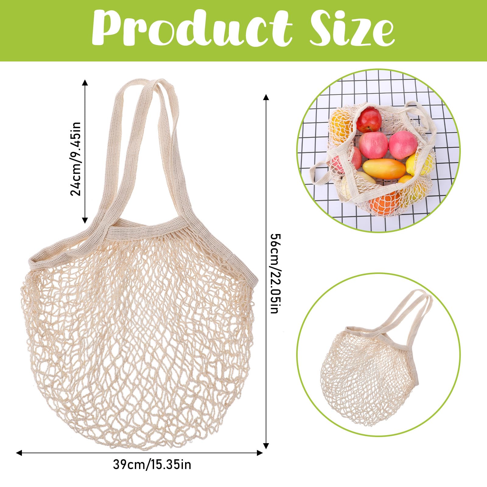 2 Pack Reusable Mesh Grocery Bags - Eco-Friendly Cotton String Shopping Totes for Fruits & Vegetables, Long Handle Washable Produce Bags, Portable & Durable (Beige) - Perfect for Farmers Market, Grocery Shopping & Food Storage